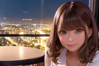 Window seat at a coffee shop at night、Illuminations can be seen from the window、A girl looking outside、Bob Hair、Brown Hair、Medium 、White blouse、Black mini skirt、Iced coffee on the table、A face waiting for someone、Accurate Face、Beautiful face、Detailed Background、masterpiece、Highest quality、16k、Raw photo quality、