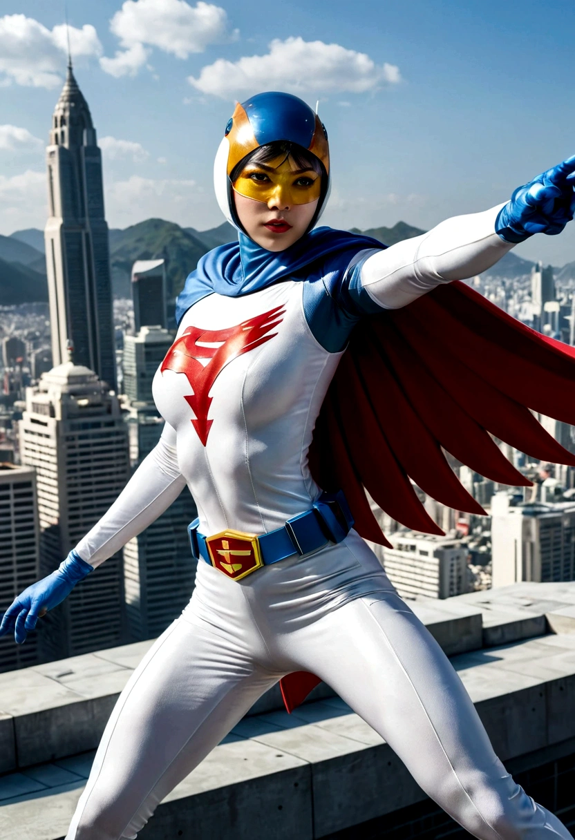 Gatchaman, (Masked superheroes), Iconic heroes, The Guardians of Earth, Science Ninja Team, (Stunning superheroes), (Vibrant colors), Space-themed costumes, Sleek gauntlets and helmets, Silver and blue agile figures, (Incredible detail), (Capital city backdrop), Defending humanity with courage, Spectacular pose, Iconic "KEN", "Joe", "Jun", "Kenichi", and "Jinpei", Patrolling the skies, Ready to battle the evil Galactor, Stunning visual treat, (Colorful animation), Formations of spark, breasts, giga_busty, Hi3JTS, full body shot from above