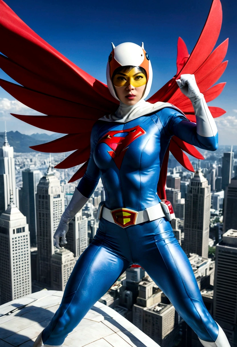 Gatchaman, (Masked superheroes), Iconic heroes, The Guardians of Earth, Science Ninja Team, (Stunning superheroes), (Vibrant colors), Space-themed costumes, Sleek gauntlets and helmets, Silver and blue agile figures, (Incredible detail), (Capital city backdrop), Defending humanity with courage, Spectacular pose, Iconic "KEN", "Joe", "Jun", "Kenichi", and "Jinpei", Patrolling the skies, Ready to battle the evil Galactor, Stunning visual treat, (Colorful animation), Formations of spark, breasts, giga_busty, Hi3JTS, full body shot from above