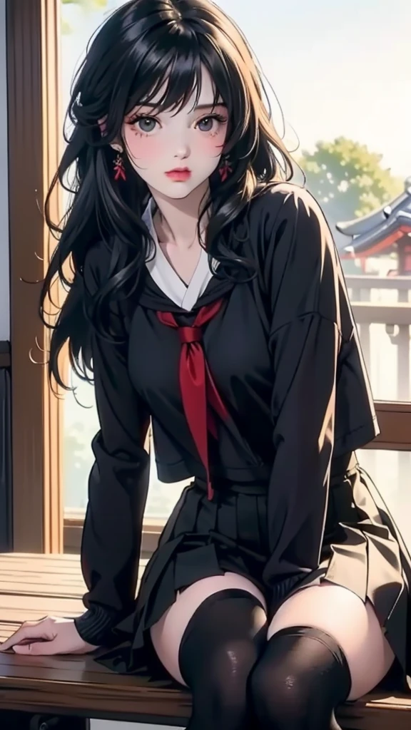 masterpiece, best quality, Super detailed, illustration, rich and colorful, fade, Depth of Field, lens flare, 1 Girl, Japanese cartoons, sit, Black Hair, looking at the audience, School, classroom, Pleated Mini Skirt, , Setofuku, Black tights, Delicate skin texture, Detailed fabric texture, Beautiful and delicate face,