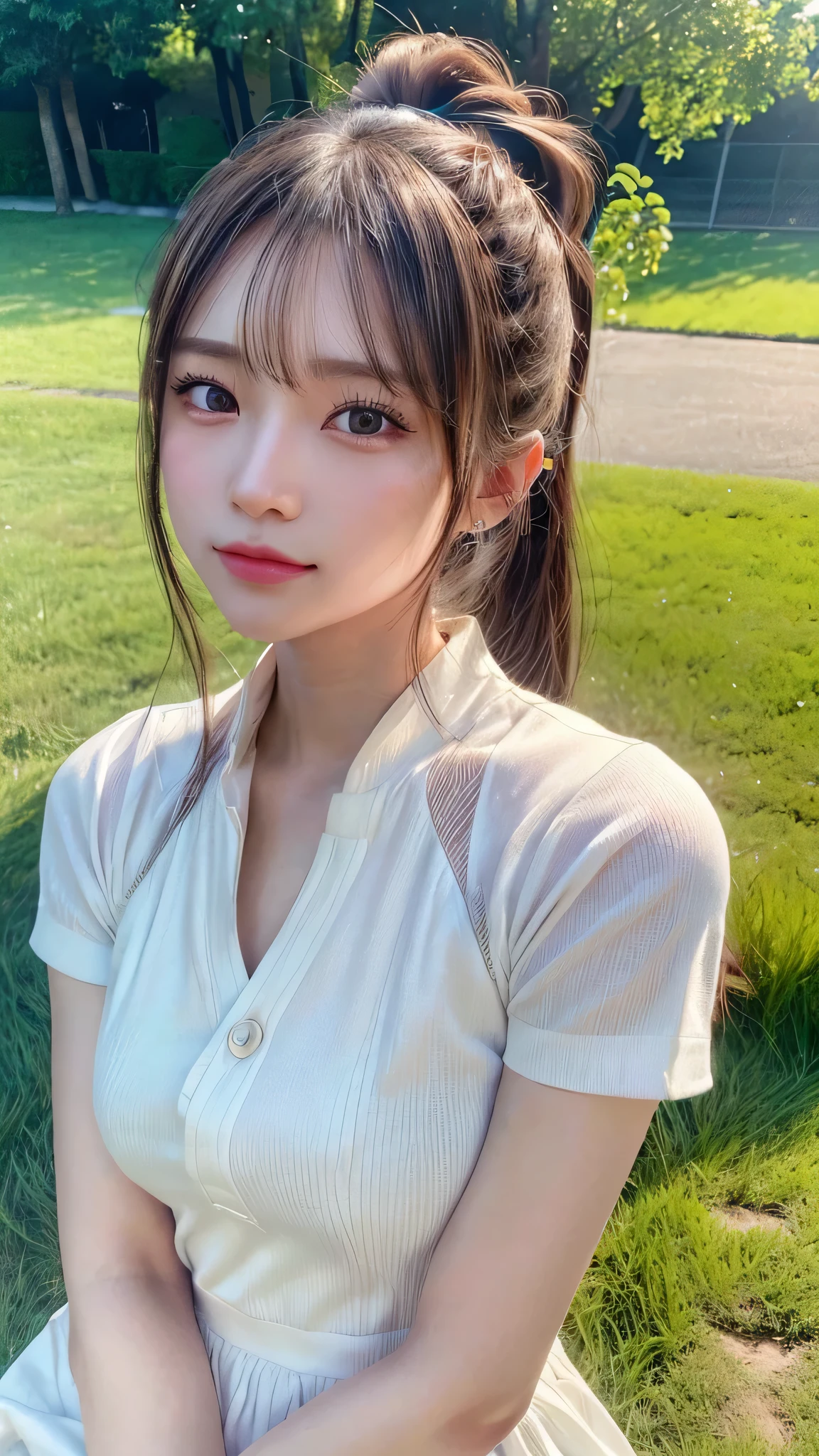 One piece with collar,outdoors,Urban Park,On the lawn,Ultra-detailed, finely detail, hight resolution, 8K Wallpaper, Perfect dynamic composition, Beautiful detailed eyes,Outdoor,Close-up of face,Outdoor,Blushing,Facing forward,,Long hair ponytail,((8K, Raw photo, Best Quality, Mastepiece:1.2), (Realism, Photorealistic:1.4), (Highly detailed 8k wallpaper), Depth of written boundary, Cinematic Lighting, Soft Light, Detailed Beauty Eye,Shiny and smooth light brown ponytail, Asymmetrical bangs, Shiny skin, Ultra-detailed skins ,It is high resolution., High detail, Detailed hairstyle, Detailed facial beauty, Hyper-realistic, Perfect limbs, Perfect Anatomy ,1 Japanese girl,Famous Japanese Idols, Perfect female body,A shy smile,Short eyelashes,Double-edged eyelids,Look straight here,Hair style: ponytail,