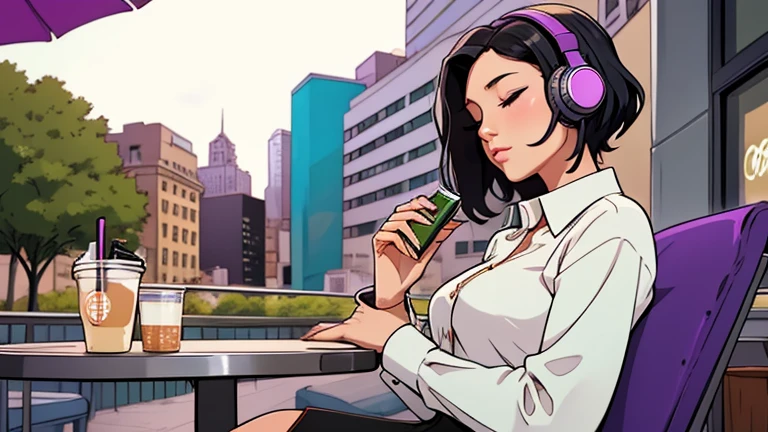 Beautiful woman in her 30s with black hair is sitting with headphones on the cafe terrace. Looking down, eyes closed, LOFI girl, alone in the room, blouse, relaxing mood, cozy, only five fingers, new york, Starbucks, purple