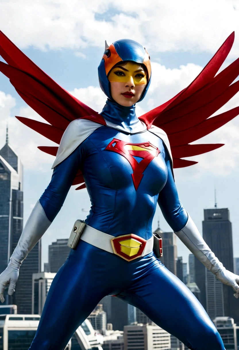 Gatchaman, (Masked superheroes), Iconic heroes, The Guardians of Earth, Science Ninja Team, (Stunning superheroes), (Vibrant colors), Space-themed costumes, Sleek gauntlets and helmets, Silver and blue agile figures, (Incredible detail), (Capital city backdrop), Defending humanity with courage, Spectacular pose, Iconic "KEN", "Joe", "Jun", "Kenichi", and "Jinpei", Patrolling the skies, Ready to battle the evil Galactor, Stunning visual treat, (Colorful animation), Formations of spark, breasts, giga_busty, Hi3JTS, full body shot from side