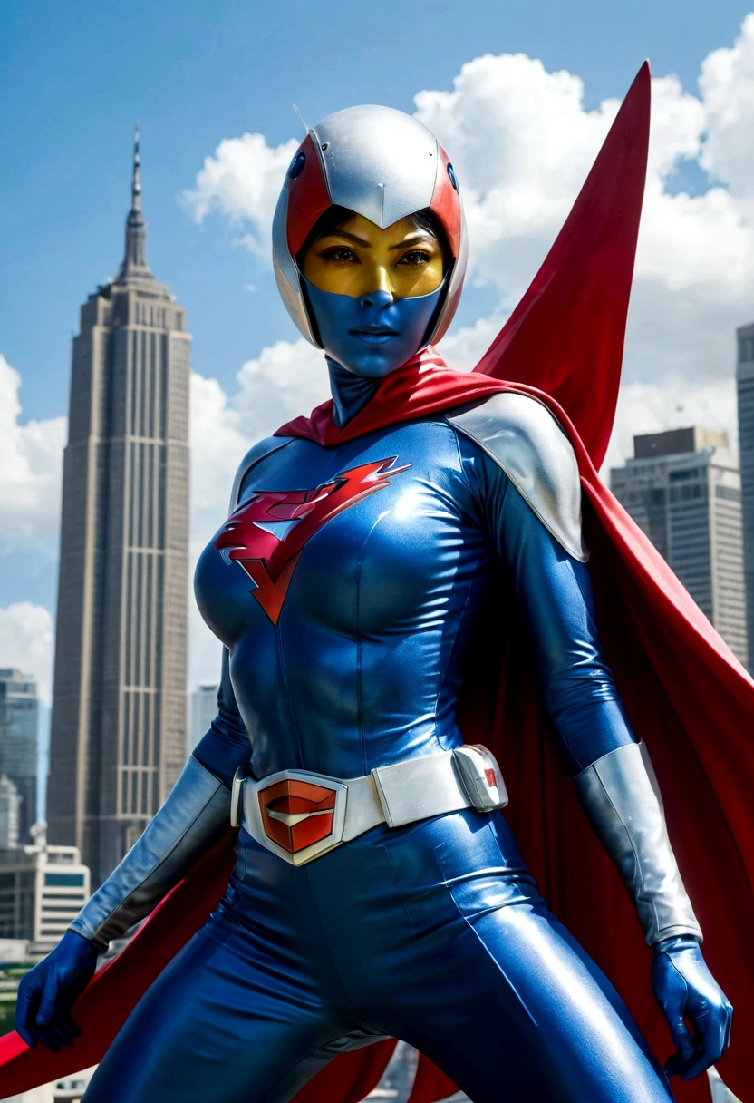 Gatchaman, (Masked superheroes), Iconic heroes, The Guardians of Earth, Science Ninja Team, (Stunning superheroes), (Vibrant colors), Space-themed costumes, Sleek gauntlets and helmets, Silver and blue agile figures, (Incredible detail), (Capital city backdrop), Defending humanity with courage, Spectacular pose, Iconic "KEN", "Joe", "Jun", "Kenichi", and "Jinpei", Patrolling the skies, Ready to battle the evil Galactor, Stunning visual treat, (Colorful animation), Formations of spark, breasts, giga_busty, Hi3JTS, full body shot from side