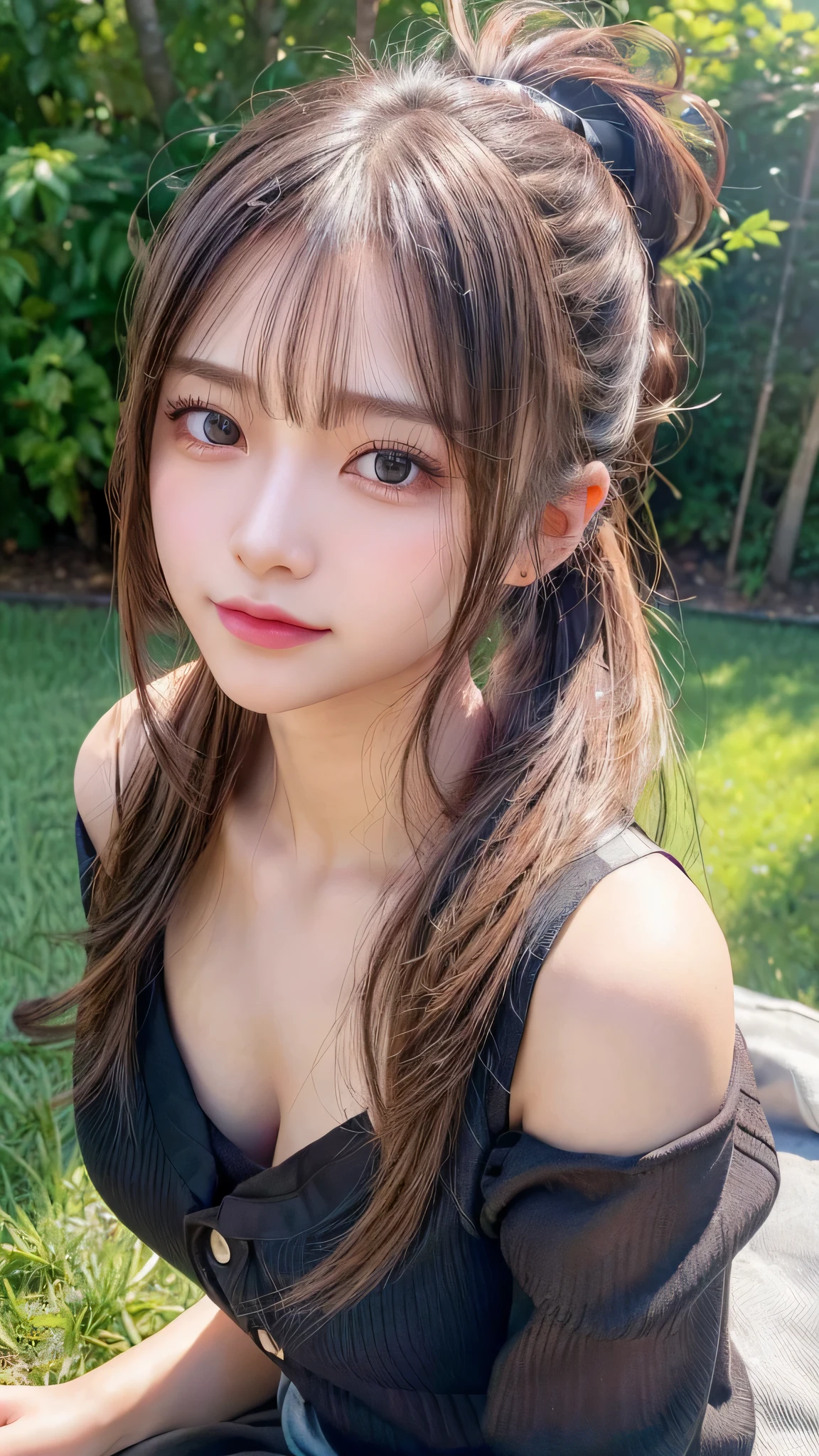 One piece with collar,outdoors,Urban Park,On the lawn,Ultra-detailed, finely detail, hight resolution, 8K Wallpaper, Perfect dynamic composition, Beautiful detailed eyes,Outdoor,Close-up of face,Outdoor,Blushing,Facing forward,,Long hair ponytail,((8K, Raw photo, Best Quality, Mastepiece:1.2), (Realism, Photorealistic:1.4), (Highly detailed 8k wallpaper), Depth of written boundary, Cinematic Lighting, Soft Light, Detailed Beauty Eye,Shiny and smooth light brown ponytail, Asymmetrical bangs, Shiny skin, Ultra-detailed skins ,It is high resolution., High detail, Detailed hairstyle, Detailed facial beauty, Hyper-realistic, Perfect limbs, Perfect Anatomy ,1 Japanese girl,Famous Japanese Idols, Perfect female body,A shy smile,Short eyelashes,Double-edged eyelids,Look straight here,Hair style: ponytail,