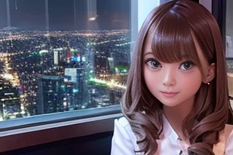 Window seat at a coffee shop at night、Illuminations can be seen from the window、A girl looking outside、Bob Hair、Brown Hair、Medium breast、White blouse、Black mini skirt、(Iced coffee on the table)、A face waiting for someone、Accurate Face、Beautiful face、Detailed Background、masterpiece、Highest quality、16k、Raw photo quality、