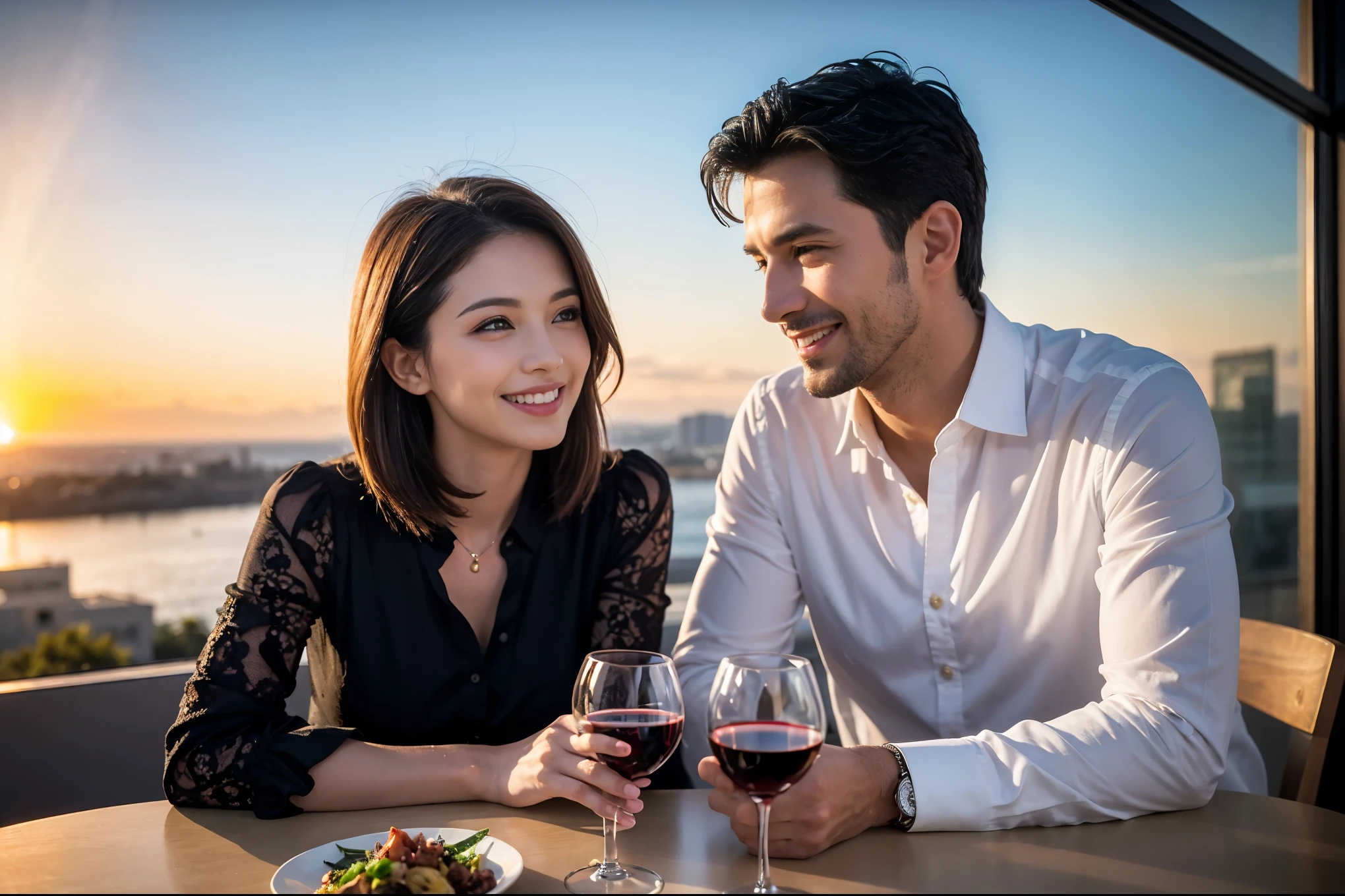 ((highest quality、8k、masterpiece:1.3))、 (Genuineistic, Genuine、Bright image、Intricate details:1.2), Best smile 1 man 1 woman、Beautiful Couple、spouse、Couple、Lovers、actress、モデルCouple、Smile、full-course dinner、 (Slim face), (The body is slim), (Brown Hair), (short hair), テーブルの上のwine glass、Please shine a light on my face、 Amazing view of the sunset sky and clouds、 (42 years old), 39 years old, red wine 、Appetizers、Wine bottle、sparkling wine、Long sleeve shirt、dress、White wine, red wine, wine glass,