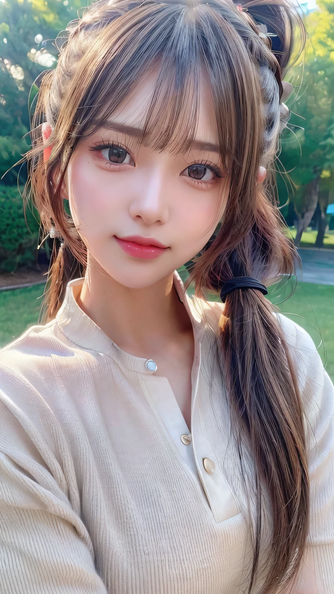 One piece with collar,outdoors,Urban Park,On the lawn,Ultra-detailed, finely detail, hight resolution, 8K Wallpaper, Perfect dynamic composition, Beautiful detailed eyes,Outdoor,Close-up of face,Outdoor,Blushing,Facing forward,,Long hair ponytail,((8K, Raw photo, Best Quality, Mastepiece:1.2), (Realism, Photorealistic:1.4), (Highly detailed 8k wallpaper), Depth of written boundary, Cinematic Lighting, Soft Light, Detailed Beauty Eye,Shiny and smooth light brown ponytail, Asymmetrical bangs, Shiny skin, Ultra-detailed skins ,It is high resolution., High detail, Detailed hairstyle, Detailed facial beauty, Hyper-realistic, Perfect limbs, Perfect Anatomy ,1 Japanese girl,Famous Japanese Idols, Perfect female body,A shy smile,Short eyelashes,Double-edged eyelids,Look straight here,Hair style: ponytail,