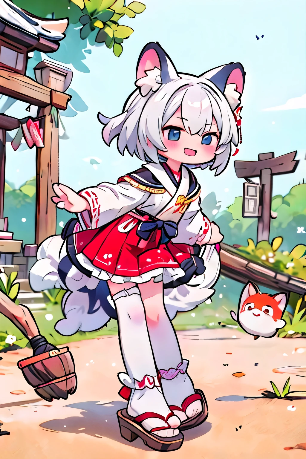 Toes of both feet(geta)Draw in the frame、Draw the whole body、Pull back the camera and draw the toes、Alluring、Double teeth visible in smile、One girl,、black eye、Bob Hair、Silver Haired Girl、White knee-high socks、巫女geta、Shrine maiden costume、Red short hakama skirt、Witch girl、Asahi、Hair blowing in the wind、Fox Ears、Fox's Tail、Carefully drawn、A little bit of sauce、Fanning angle、looking at the camera、Standing posture、The cutest Japanese in the world、Thicker thighs、The hair is carefully drawn、Be sure to stand up and fit your body in the frame from head to toe.、getaまでしっかり描いて!、The hakama skirt is short so that the thighs are clearly visible.!
