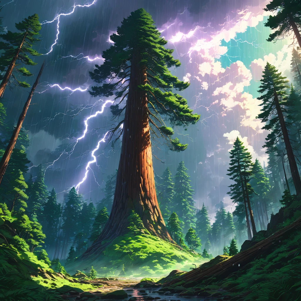 Giant Sequoia, Giant wood, forest, green, null, thunder, lightning, Light, Shadow, rain, cloud, storm, Powerful, dynamic, nature, vitality, Magnificent, mysterious, sacred, awe,beautiful Anime Scenery, Landscape painting, Beautiful digital painting, Andreas Rocha, Beautiful artwork illustration, Awesome Wallpapers, Raymond Han, Tall beautiful paintings, Studio Greeble Makoto Shinkai, Beautiful Wallpapers, Anime Scenery
