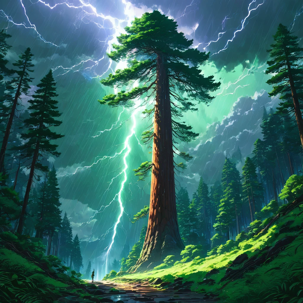 Giant Sequoia, Giant wood, forest, green, null, thunder, lightning, Light, Shadow, rain, cloud, storm, Powerful, dynamic, nature, vitality, Magnificent, mysterious, sacred, awe,beautiful Anime Scenery, Landscape painting, Beautiful digital painting, Andreas Rocha, Beautiful artwork illustration, Awesome Wallpapers, Raymond Han, Tall beautiful paintings, Studio Greeble Makoto Shinkai, Beautiful Wallpapers, Anime Scenery