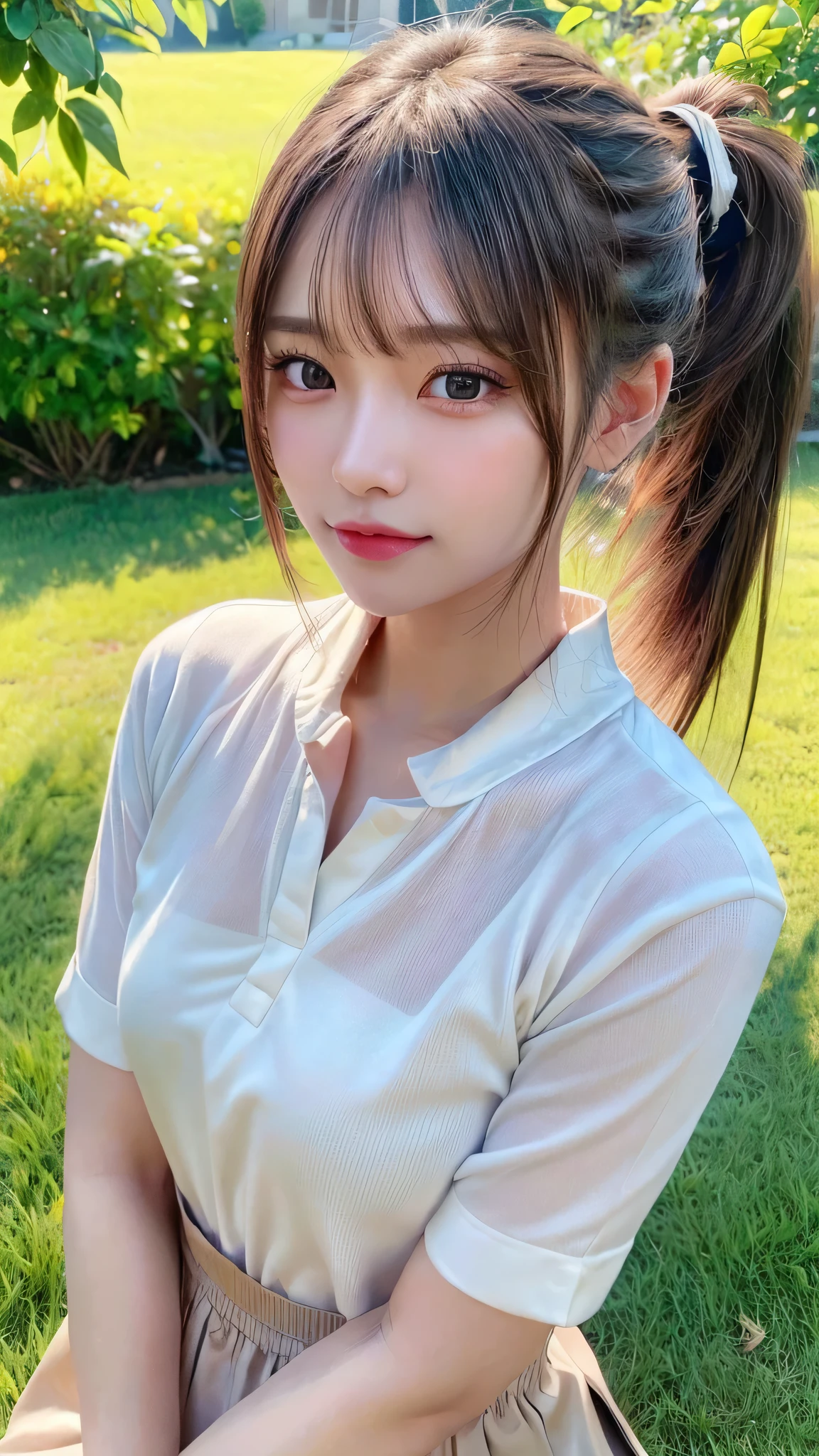 One piece with collar,outdoors,Urban Park,On the lawn,Ultra-detailed, finely detail, hight resolution, 8K Wallpaper, Perfect dynamic composition, Beautiful detailed eyes,Outdoor,Close-up of face,Outdoor,Blushing,Facing forward,,Long hair ponytail,((8K, Raw photo, Best Quality, Mastepiece:1.2), (Realism, Photorealistic:1.4), (Highly detailed 8k wallpaper), Depth of written boundary, Cinematic Lighting, Soft Light, Detailed Beauty Eye,Shiny and smooth light brown ponytail, Asymmetrical bangs, Shiny skin, Ultra-detailed skins ,It is high resolution., High detail, Detailed hairstyle, Detailed facial beauty, Hyper-realistic, Perfect limbs, Perfect Anatomy ,1 Japanese girl,Famous Japanese Idols, Perfect female body,A shy smile,Short eyelashes,Double-edged eyelids,Look straight here,Hair style: ponytail,