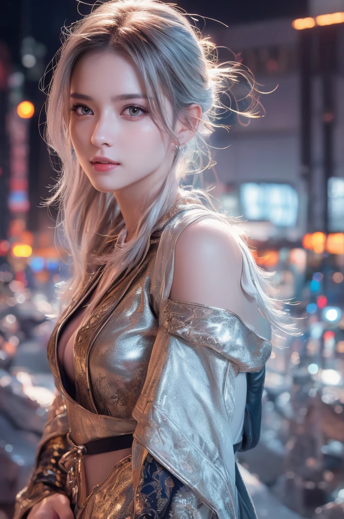 highest quality、8k Masterpiece、超A high resolution、(Photorealistic:1.3)、RAW Photos、1 girl、Silvery white hair、Glowing Skin、1. Super-beautiful Cyberpunk Soldiers、((Ultra-Realistic Details))、Portrait、Global Illumination、Shadow、Octane Rendering、8k、Super sharp、Metal、Cold colors、Very intricate details、Realistic Light、CGSoation Trend、Beautiful and shining eyes、Beautiful breasts、To the camera、Neon Details、smile、Super kind、whole body、Crimson Hanfu、Swaying in the Wind、20-year-old、Fantasy、The background is the rooftop of a Manhattan building.beautiful woman, photorealistic, highly detailed, beautiful face, intricate details, hyperrealistic, striking pose, flawless skin, mesmerizing eyes, luscious lips, elegant figure, cinematic lighting, dramatic shadows, sensual, graceful, captivating gaze, alluring, visually stunning, breathtaking beauty, exquisite, enchanting, (best quality,4k,8k,highres,masterpiece:1.2),ultra-detailed,(realistic,photorealistic,photo-realistic:1.37),a cyberpunk girl in the wild, black, erotic, sexy, metal, silver, brown, copper, wearing armor, goggles, punk, detailed face and eyes, intricate mechanical details, neon lights, dystopian city background, (best quality,4k,8k,highres,masterpiece:1.2),ultra-detailed,(realistic,photorealistic,photo-realistic:1.37),cinematic lighting,dramatic colors,moody atmosphere, fantasy,littlesexy