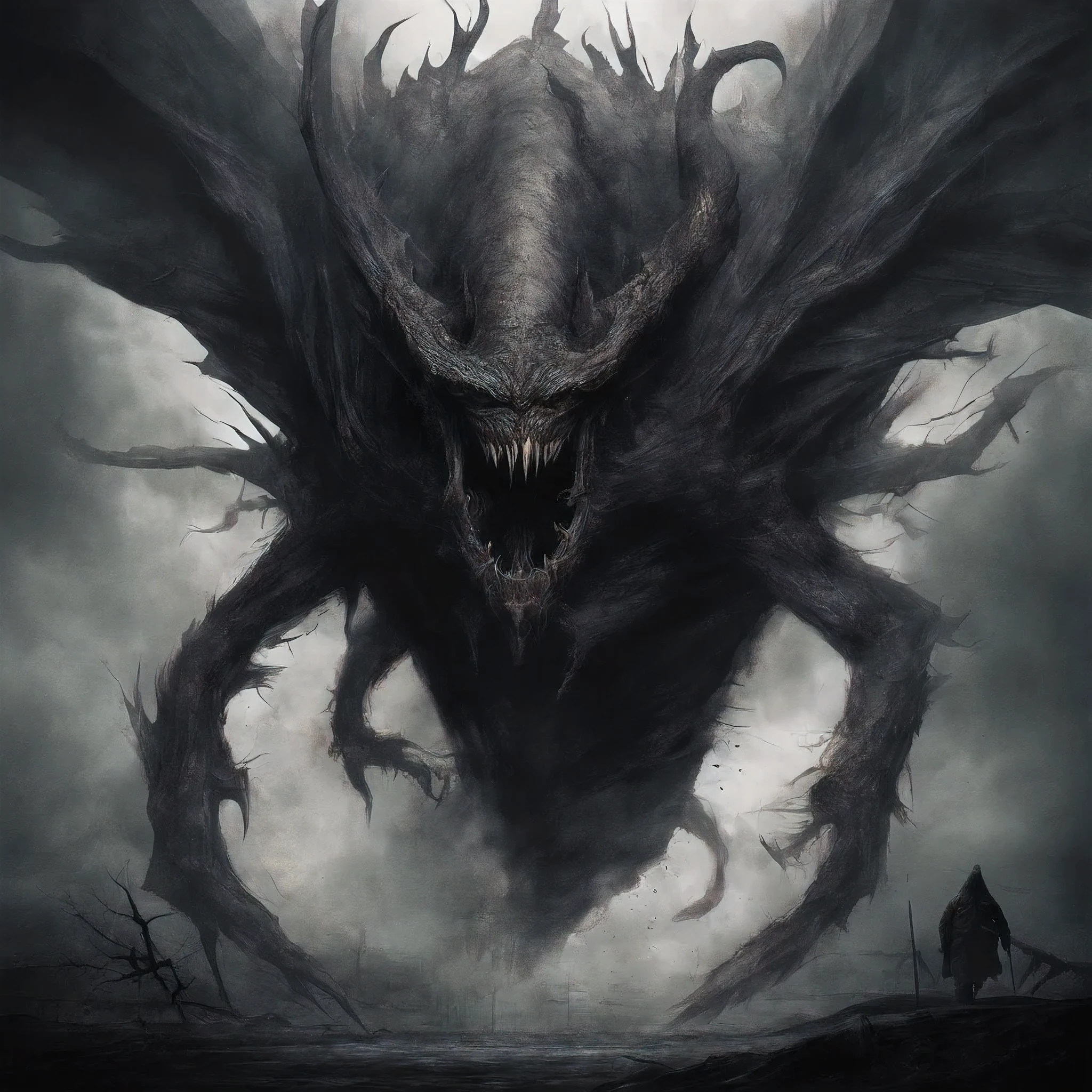 a painting of a monster with a large face and a huge mouth, concept art by Yang J, pixiv contest winner, fantasy art, venomfang, a humanoid thistle monster, dark fantasy style art, trending on artstation pixiv, venomized, nightmare creature, dark fantasy artwork, in style of dark fantasy art, guillem h. pongiluppi