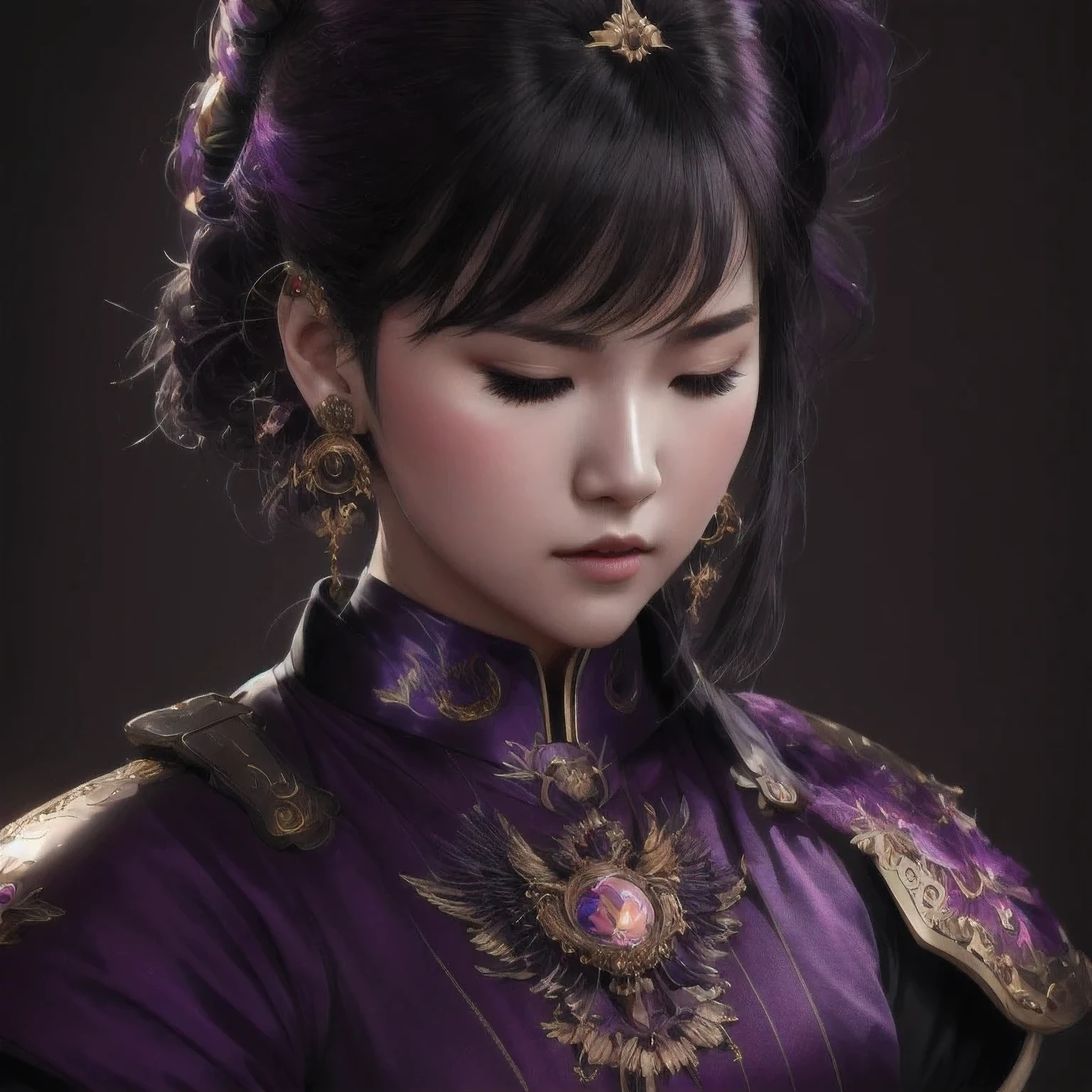 there is a 18 years old in a purple dress holding a dragon, wlop and ross tran, ross tran 8 k, fantasy art style, chengwei pan on artstation, a beautiful fantasy empress, ross tran and wlop, ruan jia and artgerm, the dragon girl portrait, ig model | artgerm, artgerm and ruan jia，beautiful
1girl
bangs
深绿 eyes
closed mouth
ear piercing
earrings
grey background
hair ornament
jewelry
lips
looking at viewer
military
military uniform
nose
piercing
portrait
realistic
short hair
simple background
solo
upper body