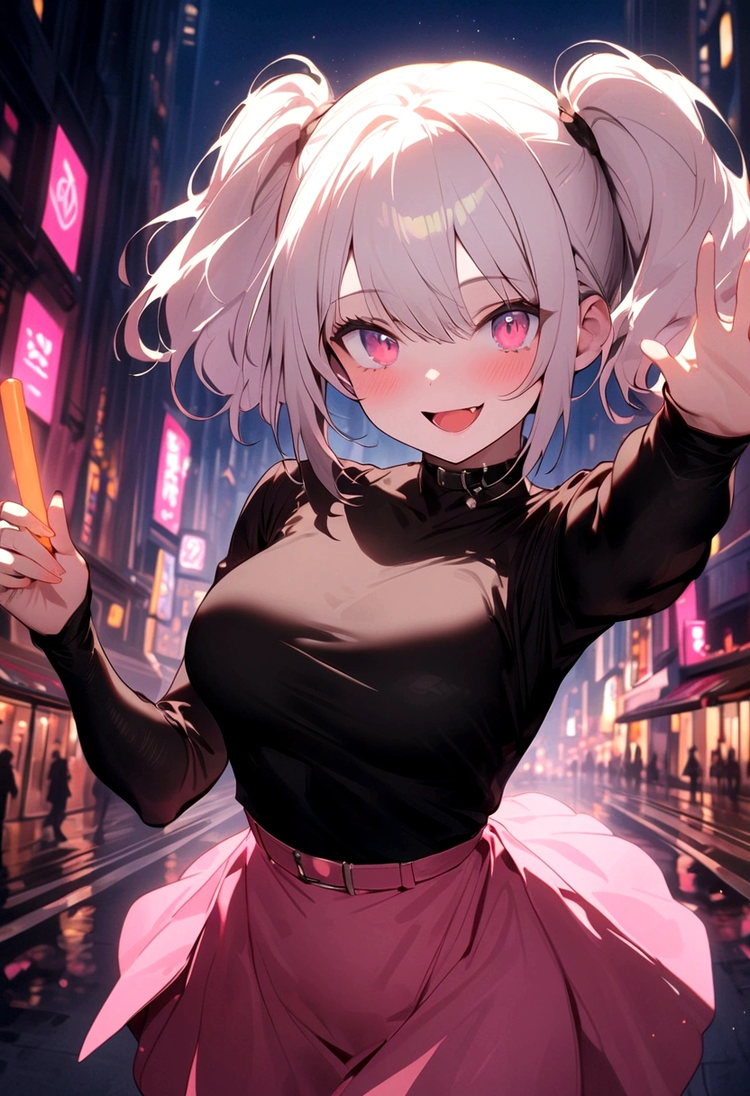 1girl, white hair, short twintails, extremely happy, cheerful, pink eyes, wearing plain black shirt, pink skirt, black leggings, city, absurdres, high res, ultrasharp, 8K, masterpiece, looking at viewer, no hat, holding orange glowsticks in hands, 