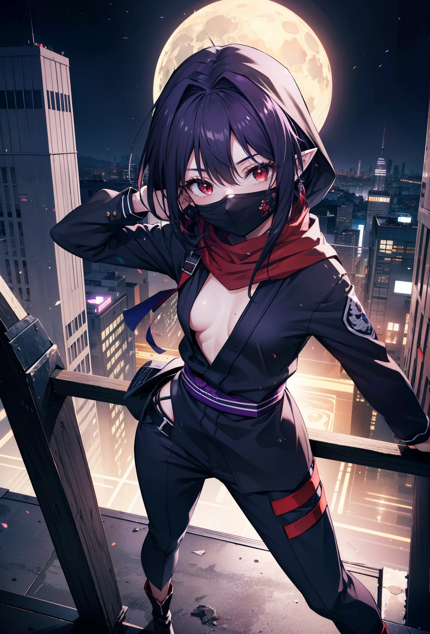 yuukikonno, Yuki Konno, hair band, Long Hair, Pointy Ears, Purple Hair, (Red eyes:1.5), (Small breasts:1.2),Hooded,cover your mouth with a black scarf,strict,black Ninja uniform,Ninja,black Ninja pants,short boots,Action pose,Overlooking the city from the roof of the building,moon,moon明かり,night,whole bodyがイラストに入るように,
break looking at viewer, whole body,
break outdoors ,Medieval European-style building,
break (masterpiece:1.2), highest quality, High resolution, unity 8k wallpaper, (shape:0.8), (Beautiful and beautiful eyes:1.6), Highly detailed face, Perfect lighting, Highly detailed CG, (Perfect hands, Perfect Anatomy),