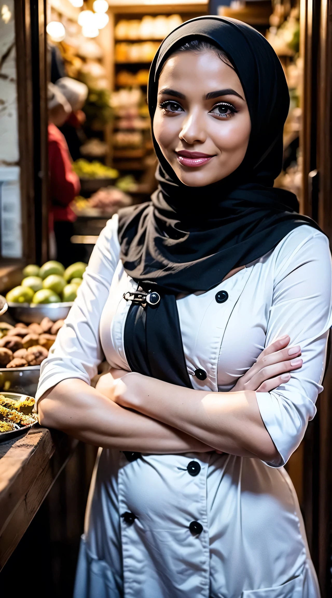Fille marocaine, Brunnete, (Robe couverte traditionnelle respectueuse), (very loose scarf showing curly hair), (Environnement du souk marocain), chef-d'artwork, Best quality, very detailed, (Beautiful, detailed eyes A beautiful, detailed face), (Best quality), (ultra-detailed), (chef-d'artwork), (high resolution), (original), Ultra-realistic.