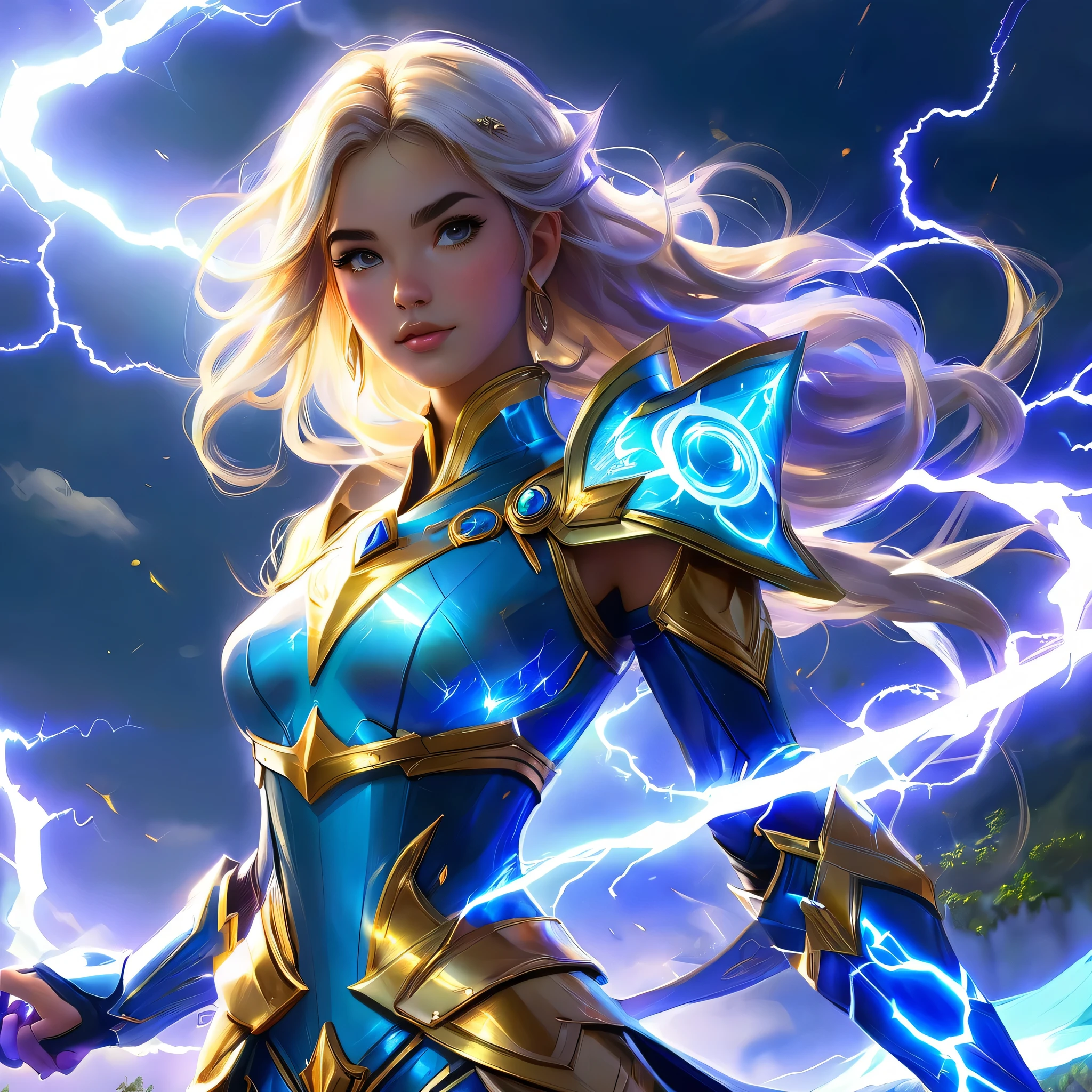 anime girl standing in a field, goddess of lightning, epic mage girl character, maya ali as a lightning mage, full portrait of electromancer, style of duelyst, portrait knights of zodiac girl, knights of zodiac girl, rhads and lois van baarle, female lightning genasi, mage, splashes of lightning behind her