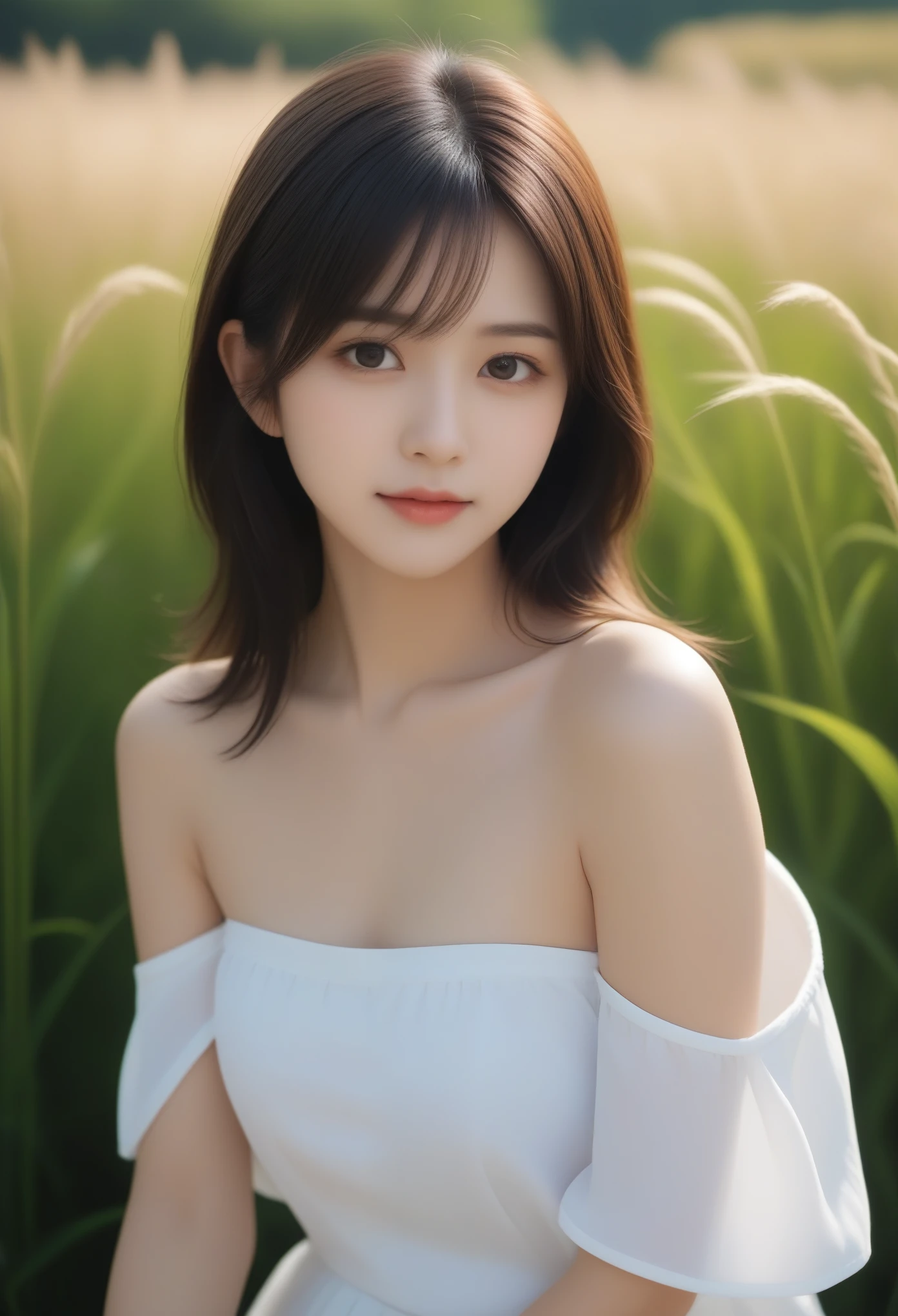 8k, Ultra-high resolution, highest quality, masterpiece, 三分割法によるphotograph,Surreal, photograph, 1 girl, (16 years old:1.3), pretty girl, Cute Face, Beautiful eyes in every detail, 細かくdetailedに,masterpiece,, One Girl:1.2, Japan Female Announcer,Close-up of a woman sitting in a field with tall grass,Bold Pose,Looking at the audience、beauty,Long neck、Laugh a little、Please close your mouth and laugh、(((Ideal body type))),A-cup small breasts :2,、Portraiture:2、Perfect Anatomy、鮮明なdetailed、detailed、Surreal、Light and shadow,Strong light 