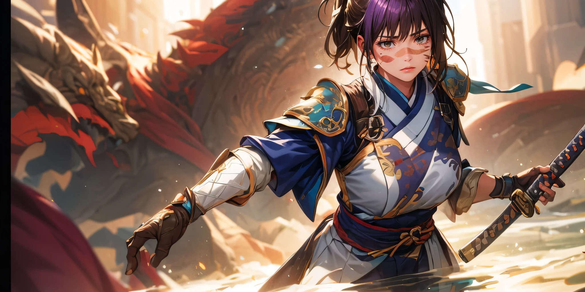 Iori, scar on face, long hair, brown eyes, hair bow, blurry, bangs, scar on cheek, dark-purple hair, ponytail, breasts, katana, holding katana, gloves, 1girl, solo, armor, holding_katana, looking_at_viewer, breastplate, holding_katana, outstretched_arm, blurry, letterboxed, glow effects, godrays, Hand drawn, render, 8k, octane render, cinema 4d, blender, dark, atmospheric 4k ultra detailed, cinematic, Sharp focus, big depth of field, Masterpiece, colors, 3d octane render, 4k, concept art, trending on artstation, hyperrealistic, Vivid colors, extremely detailed CG unity 8k wallpaper, trending on CGSociety, Intricate, High Detail, dramatic"", scar on face, brown eyes, scar on cheek, hollow eyes, lips, sad expression, gloomy expression,