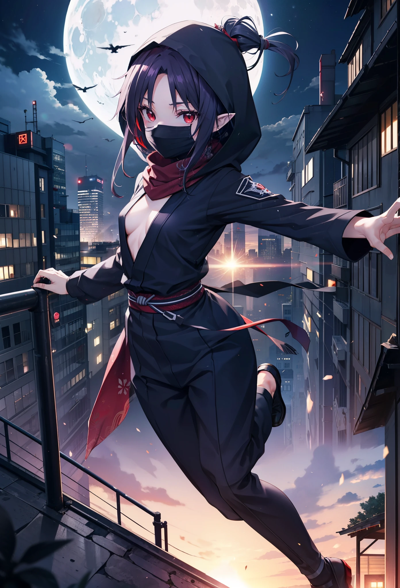 yuukikonno, Yuki Konno, hair band, Long Hair, Pointy Ears, Purple Hair, (Red eyes:1.5), (Small breasts:1.2),Hooded,cover your mouth with a black scarf,strict,black Ninja uniform,Ninja,black Ninja pants,short boots,Action pose,Overlooking the city from the roof of the building,moon,moon明かり,night,whole bodyがイラストに入るように,
break looking at viewer, whole body,
break outdoors ,Medieval European-style building,
break (masterpiece:1.2), highest quality, High resolution, unity 8k wallpaper, (shape:0.8), (Beautiful and beautiful eyes:1.6), Highly detailed face, Perfect lighting, Highly detailed CG, (Perfect hands, Perfect Anatomy),