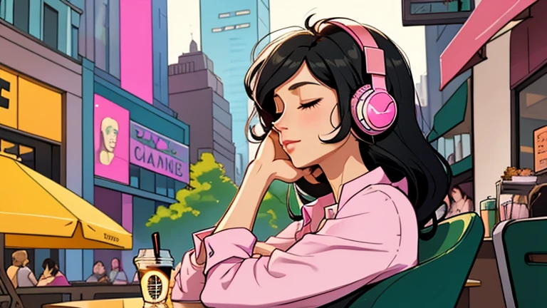 Beautiful woman in her 30s with black hair is sitting with headphones on the cafe terrace. Looking down, eyes closed, LOFI girl, alone in the room, pink blouse, relaxing mood, cozy, only five fingers, new york, Starbucks,
