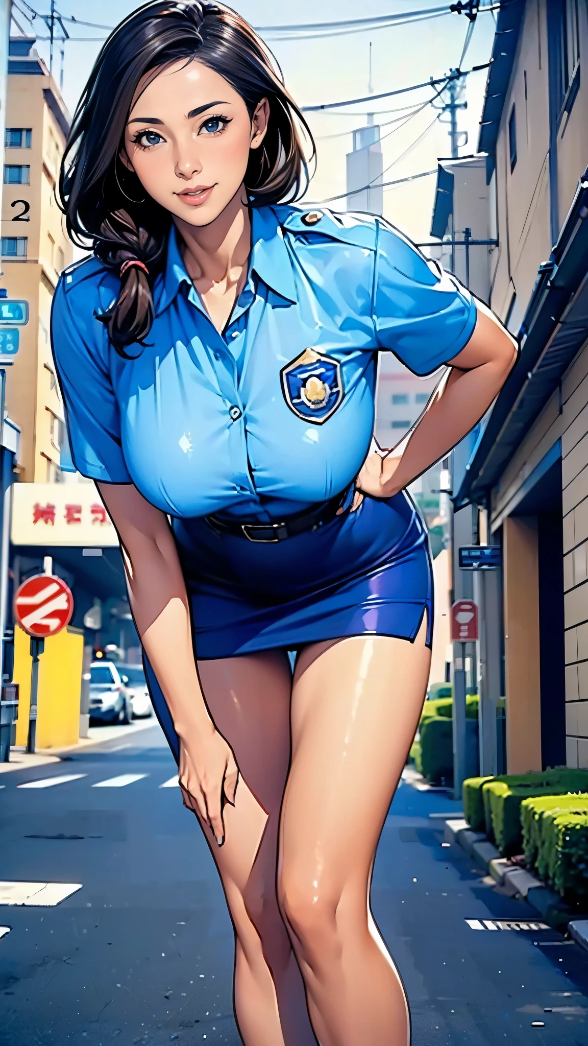 (masterpiece:1.2, highest quality), (Realistic, photoRealistic:1.4),Beautiful illustrations,(Natural Side Lighting, Cinema Lighting),1 female,Japanese,Mature Woman,Female police officer on patrol,48 years old,Perfect Face, Symmetrical face, Shiny skin,Random Hairstyles,Big eyes,Sexy Eyes,(smile),(whole body),break((Police Officer Shirt)),((A tight mini skirt made of very thin fabric)),(The background is a street corner:1.5),(((Background Blur:1.5))),((Police uniform)),BREAK(((front:1.5))),(((Leaning forward))),(Beautiful drawing of a hand)