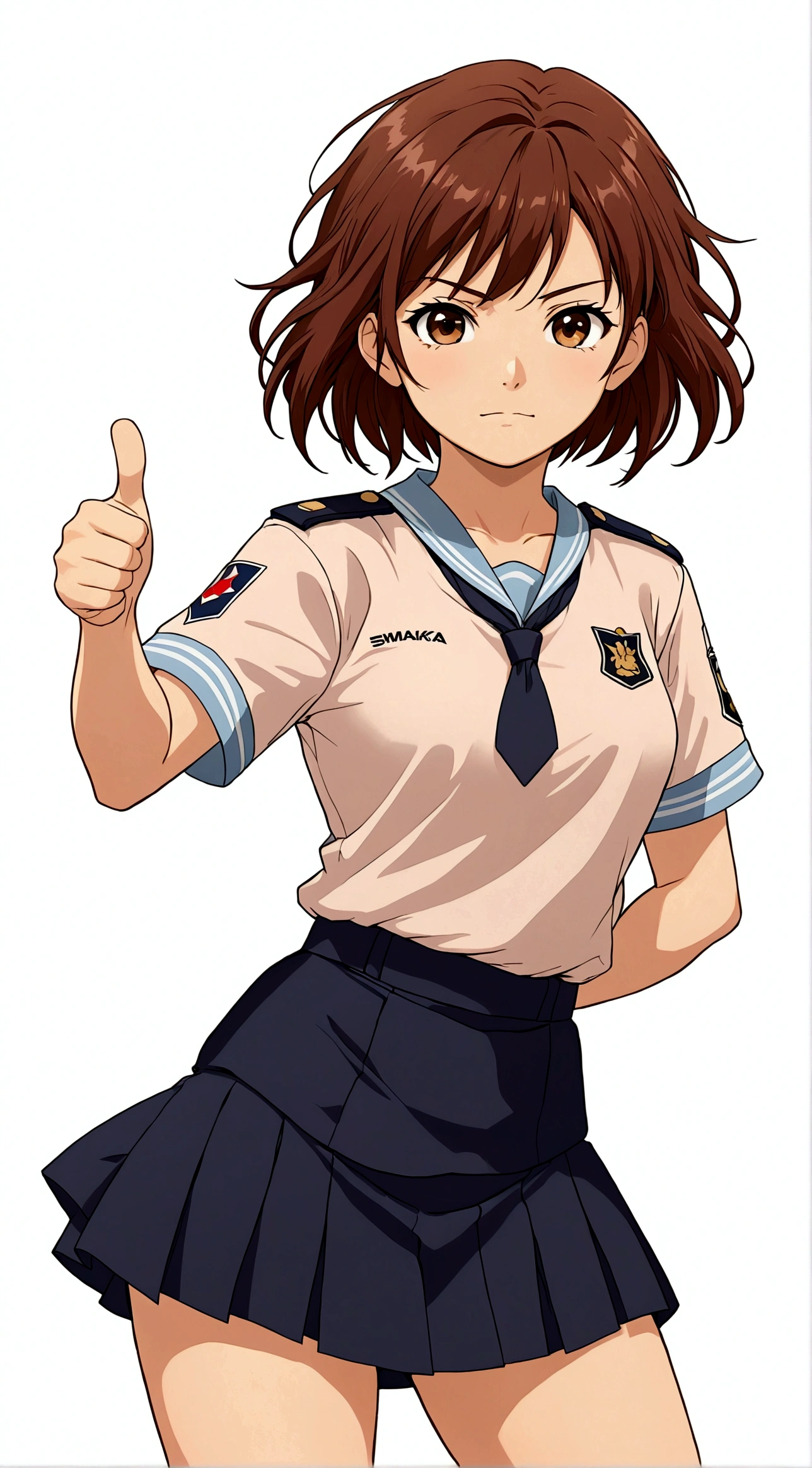 1girl,Brown eyes,Brown hair,One hand thumbs up,One hand on waist,Proud, Disgusted look, misaka mikoto,Uniforms,short hair,shorts,skirt下的shorts,Simple background,skirt,solo