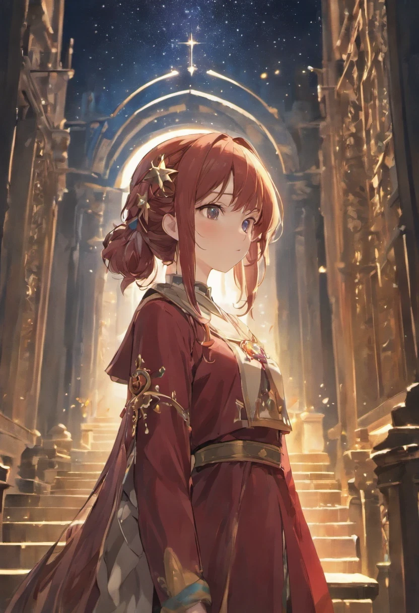 (Masterpiece, Best Quality, High Quality, Highres:1.4), Detailed, Extremely Detailed, Ambient Soft Lighting, 4K,Blurry, a girl, with long flowing red-brown hair, pale face, rosy cheeks, starry jade eyes, wearing a nun's habit with a thin layered skirt, the girl is standing in a dark ancient temple complex and was standing looking at the stars in the night
