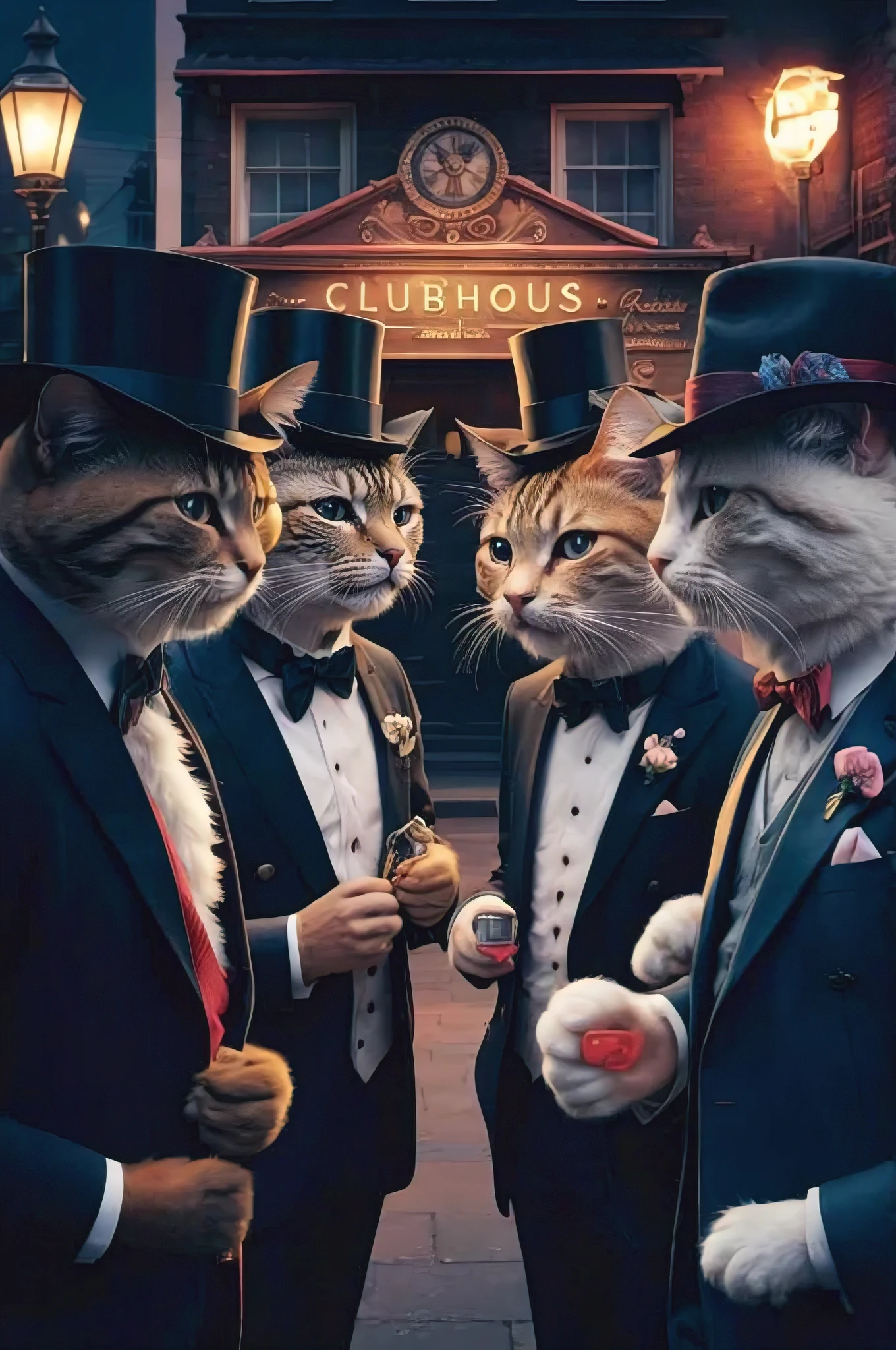 A captivating, photorealistic anime-style illustration of a group of humanoid gentleman cats, waist up, engaged in a deep conversation in front of a clubhouse. Their fur is meticulously detailed, and each cat has a distinct personality, with one sporting a top hat, another wearing a bowtie, and another with a stylish fedora. The clubhouse behind them has a vintage appearance, with a neon sign that reads "Cat's Meow." The atmosphere is lively, with the city of London in the background and a warm streetlight illuminating the scene.