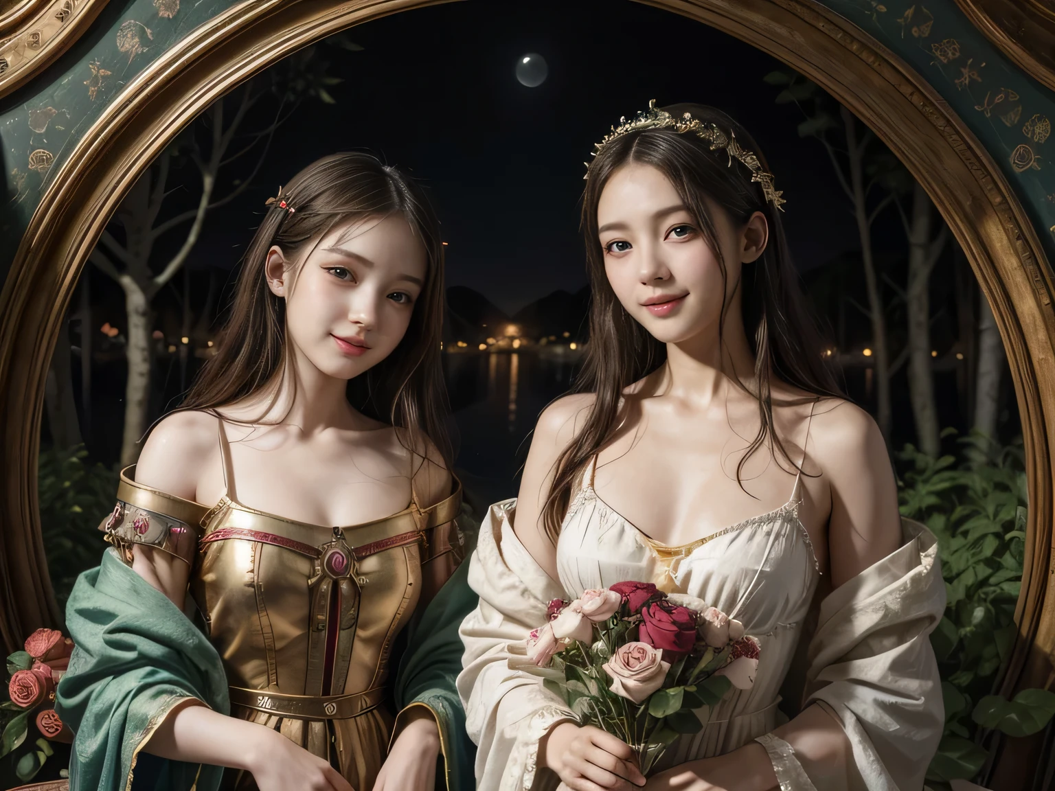 Giorgione painting style,Arguments of two female Philosophe,math、astronomical machine、astronaut、roses in vase、fruits、Cute trinkets、smile、ancient greek costume、Background is a forest lake at night 、Clothes that stretch your shoulders、A big smile、beautiful bare skin、A detailed representation of the seducing woman throughout her body.