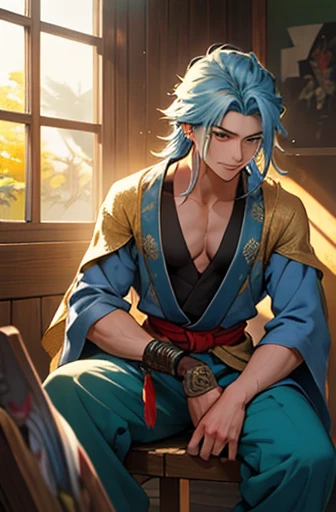 An old man with long, dark grey-blue hair, Medium length hair, A gentle gaze, A kind smile, A short, neatly trimmed beard, White fantasy martial arts costume, A long yellow shawl is wrapped around her shoulders, A shawl covering half his body, Wearing a blue belt around his waist, traditional chinese trousers, He is sitting on a wooden chair, At the forest cottage, With the sunlight streaming in through the window, This character is、It embodies the Chinese heroic tales in a fantasy style, elaborately crafted in anime style.。, Featuring a sophisticated and mature manga illustration art style, High resolution, highest quality, High resolution, Super detailed, Ultra-fine painting, Very delicate, Professional, Anatomically correct, Symmetrical face, Highly detailed eyes and face, High quality eyes, creativity, RAW Photos, 超High resolution, 8k, Natural light, Cinema Lighting, masterpiece:1.5