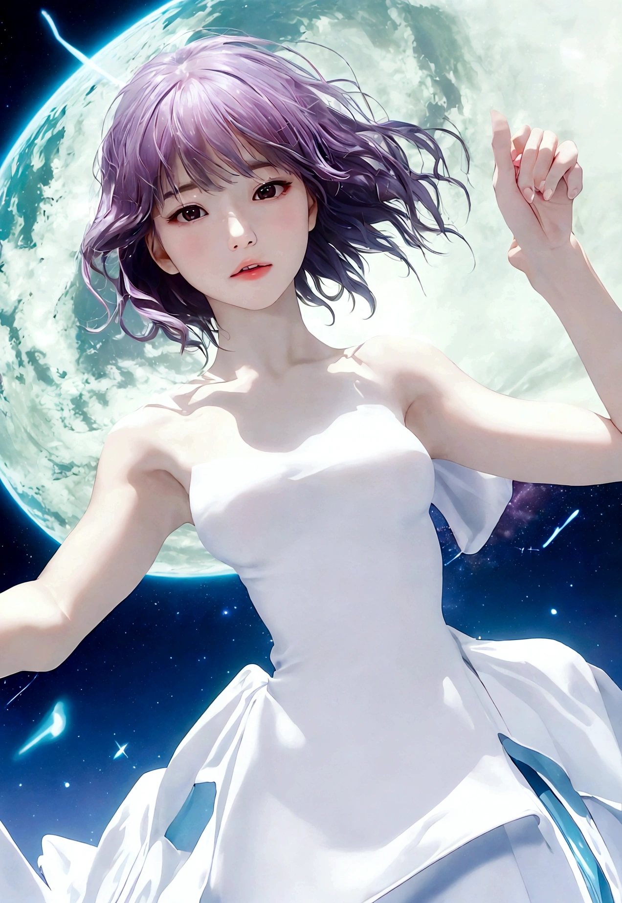 (masterpiece、highest quality、High resolution、8k)、Alone in space、goddess、Standing posture、whole body、Super beautiful、Perfect figure、White Dress、(Floating in the sky like a star、Floating、Floating)、(金色のLightがwhole bodyを包んでいる)、(whole bodyがLightの中にある)、Looking down on the earth、(目がくらむほどのLight、Light、Light)、宇宙はLightに満ちている、Dynamic Movement、The Universe is Infinite、