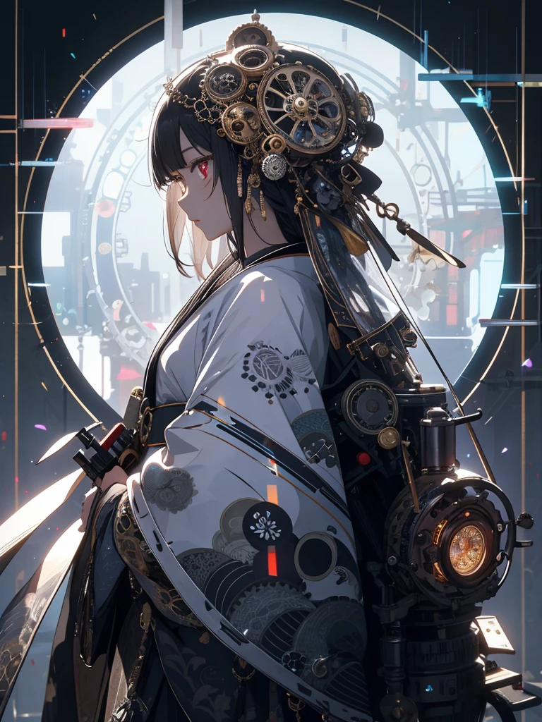 masterpiece，daughter，knife，Big round window background, Black and white kimono，Patterned kimono，Precious stones，side，Side view，Glowing Eyes，Complex Hair，Detailed background，（Japanese），eyes are a little red，steampunk，steampunkヘアアクセサリー，gear，Machinery Parts，8k，Pure，Side lighting，high quality，