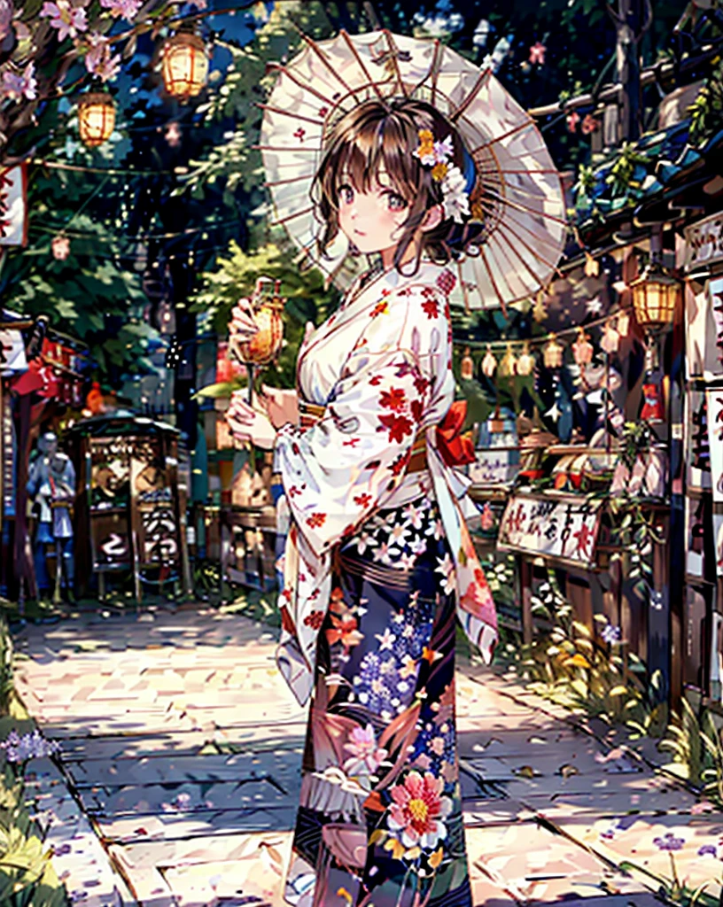 masterpiece, highest quality, Very detailed, shape, omatsuri, food stand, 1 girl, Beautiful Eyes, Looking at the audience, From behind, Cowboy Shot, please remember, yukata, wood, Outdoor,road, walk,  crowd, night, lanthanum, festival, Hydrangea flower bed, food, Paved, 横断歩road, paper lanthanum, Street lamp post, Brown Hair, night sky, rain,