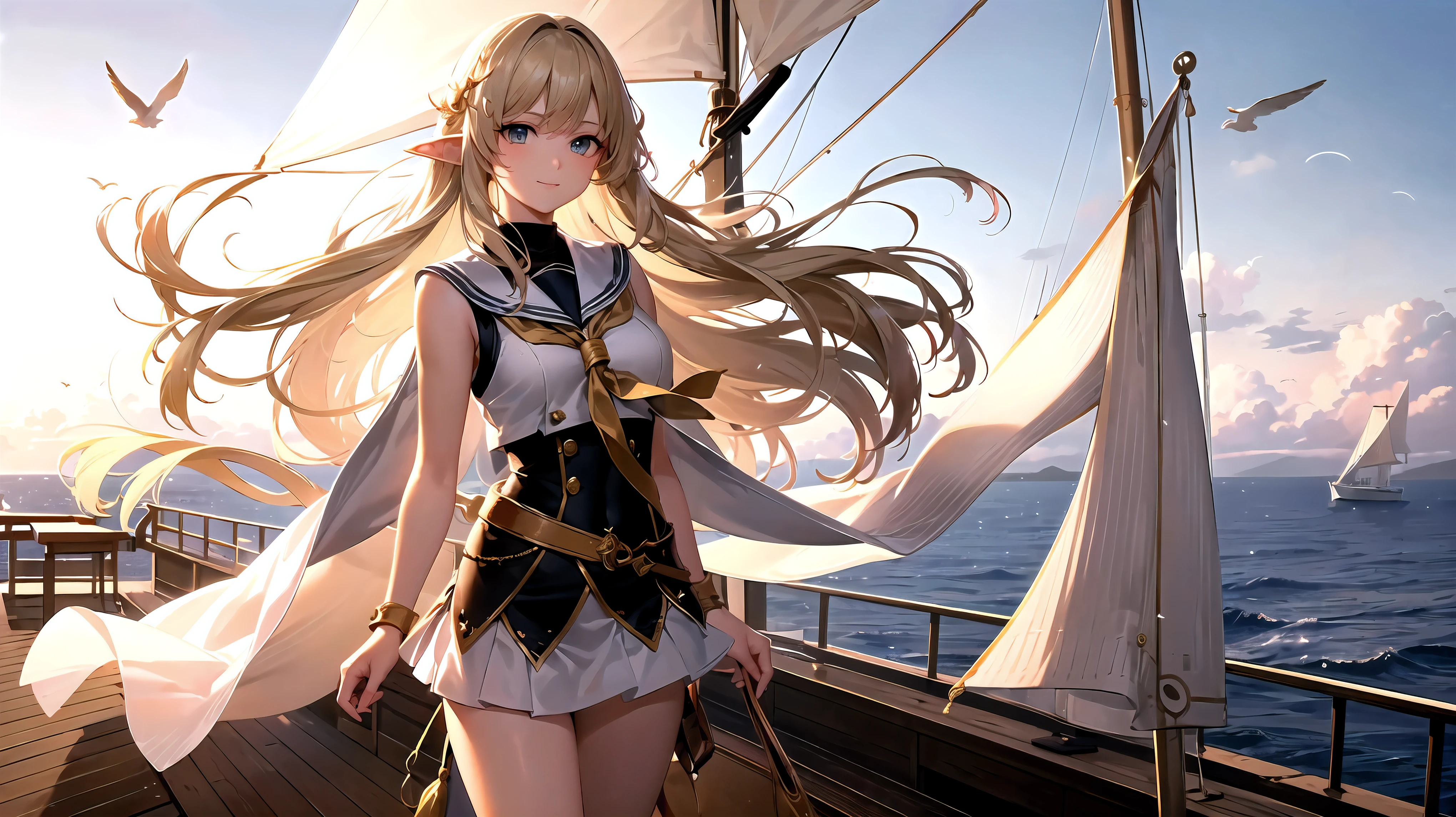(((masterpiece, highest quality, High resolution, high detail)))), ((((fantasy))), One, (Elven Woman)))), (White short skirt with gold embroidery), (blonde long straight hair), (shiny dark green eyes), (White ruffled blouse with gold embroidery), big, (((On the deck of a sailing ship at sea)), (Vast sea))), (The sky with clouds)), (( Seagulls flying in the sky)), smile, (Wind), Flying particles of light