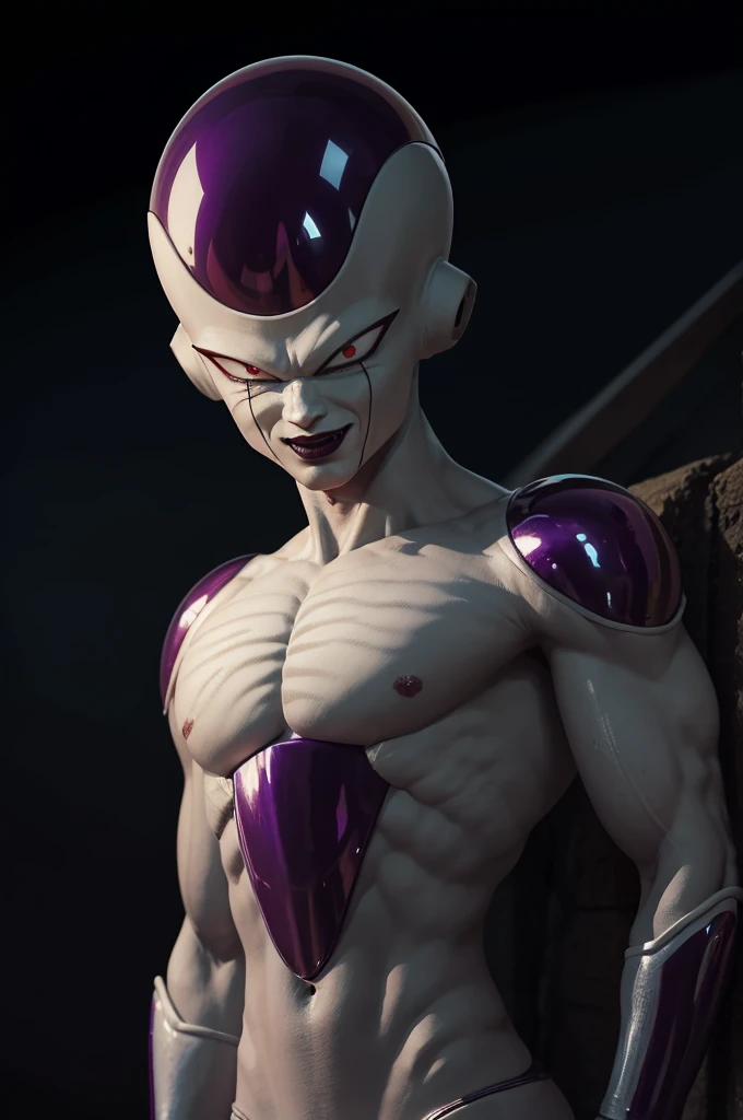 obra maestra, hiper realista,mejor calidad, 1 chico, Frieza, de cerca, mirando al espectador, enfoque masculino, ojos rojos, solo, grave, (realista:0.4), simple background glowing ojos rojos, planeta destruido, sonrisa maligna, horror