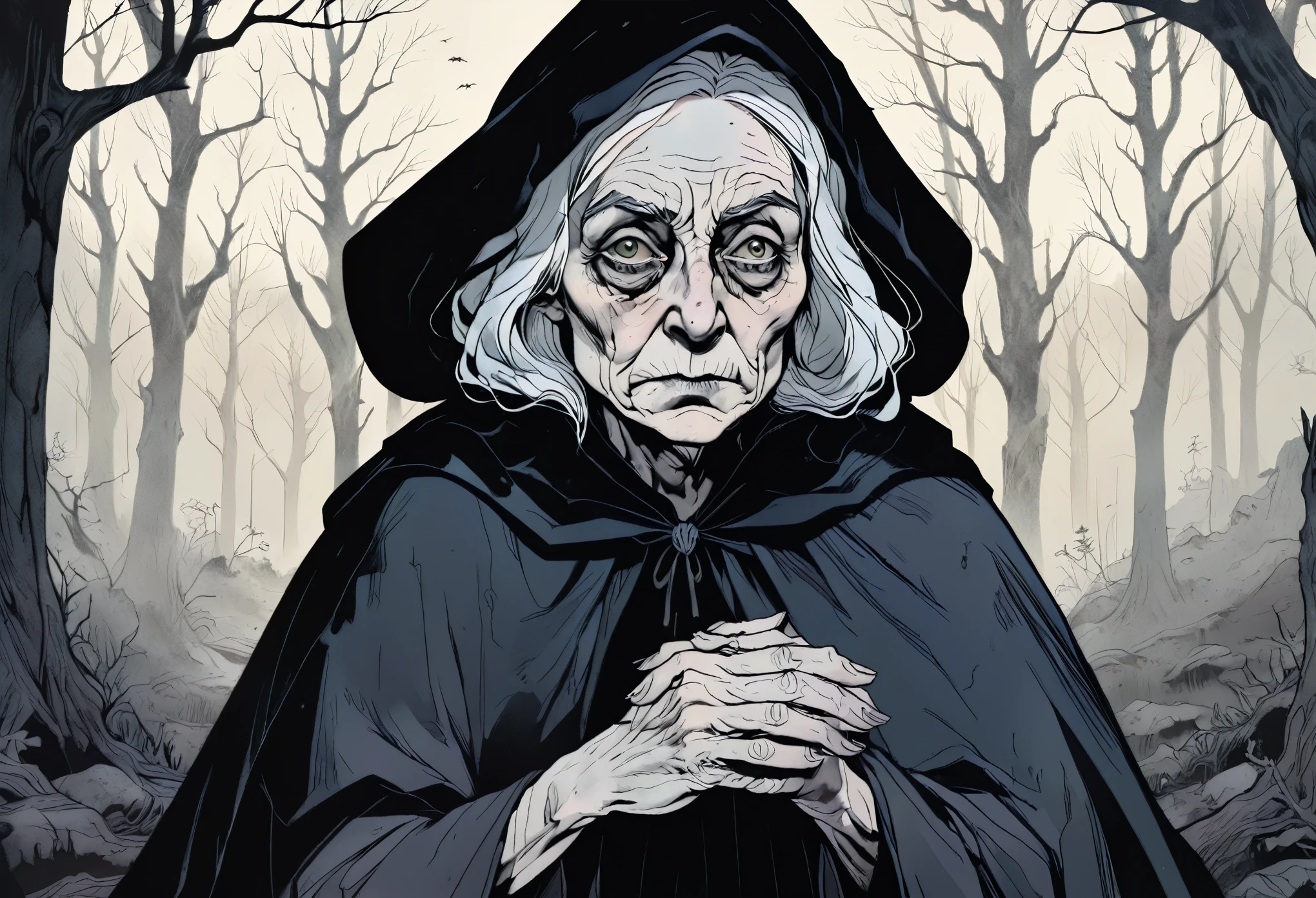 a decrepit old witch, detailed wrinkled face and hands, long bony fingers, tattered black cloak, dark haunting eyes, sinister expression, dark forest background, moody lighting, dramatic shadows, dark fantasy, cinematic, muted colors, (best quality,8k,highres,masterpiece:1.2),ultra-detailed,(realistic,photorealistic,photo-realistic:1.37)