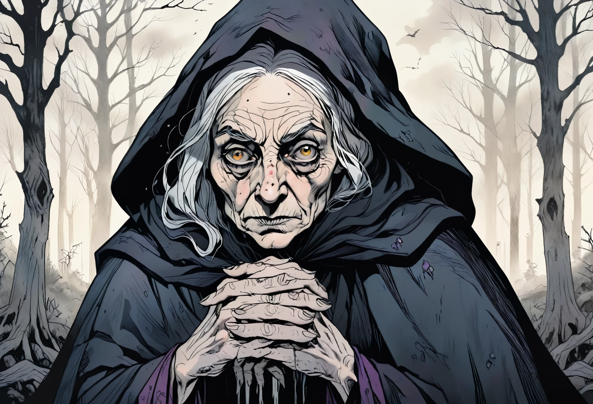 a decrepit old witch, detailed wrinkled face and hands, long bony fingers, tattered black cloak, dark haunting eyes, sinister expression, dark forest background, moody lighting, dramatic shadows, dark fantasy, cinematic, muted colors, (best quality,8k,highres,masterpiece:1.2),ultra-detailed,(realistic,photorealistic,photo-realistic:1.37)