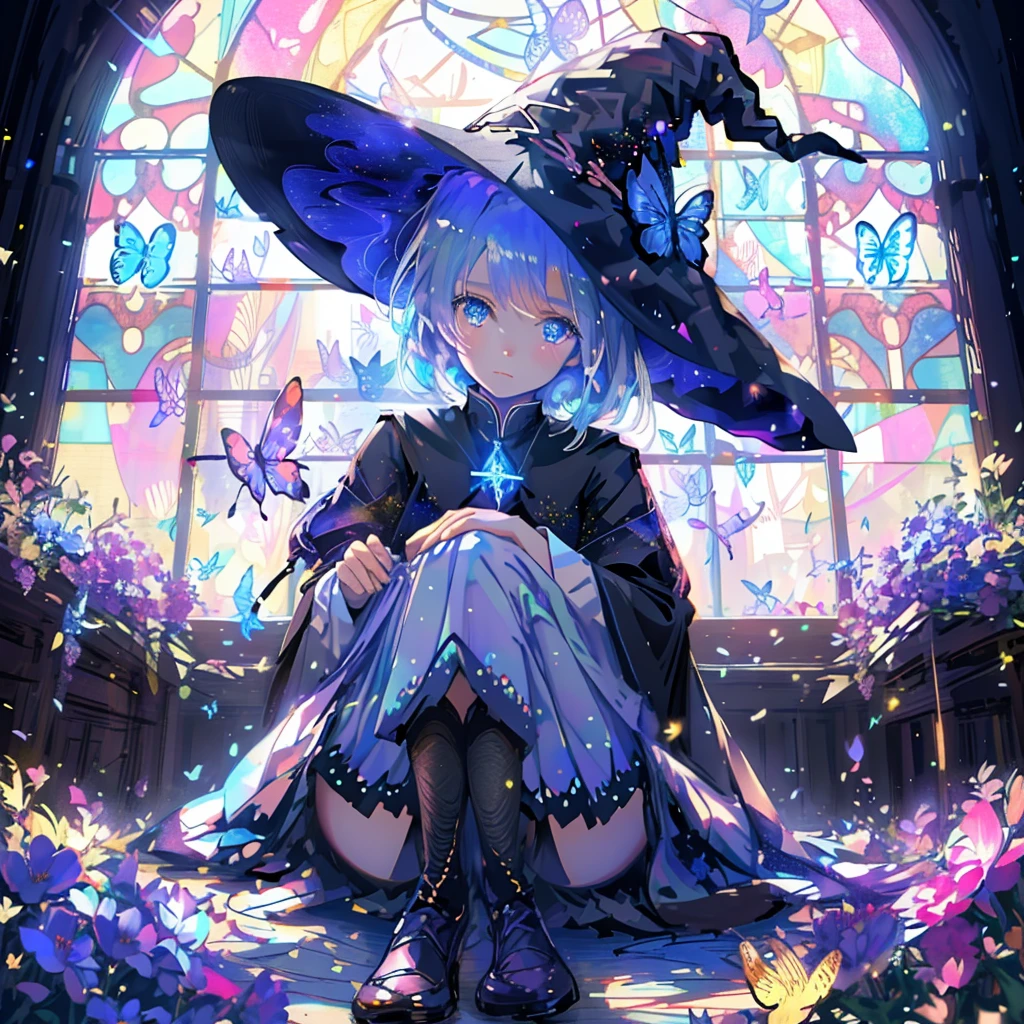 Female student,witch,witchの帽子,Blue colored eyes,butterfly,Flowers Bloom,Short skirt,magic,Particle FX,Light from the rear window causes backlighting,sat on the ground,Colored Glass,Complementary Color,Complex background,highest quality,8k,masterpiece,