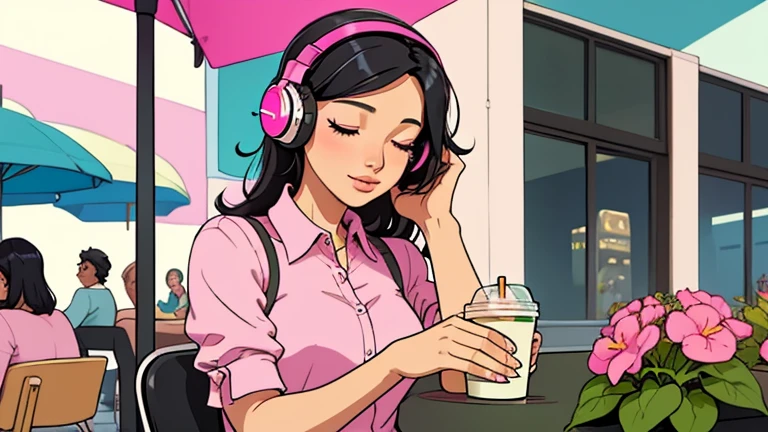 Beautiful woman in her 30s with black hair is sitting with headphones on the cafe terrace. Looking down, eyes closed, LOFI girl, alone in the room, pink blouse, relaxing mood, cozy, only five fingers, new york, Starbucks, colorful