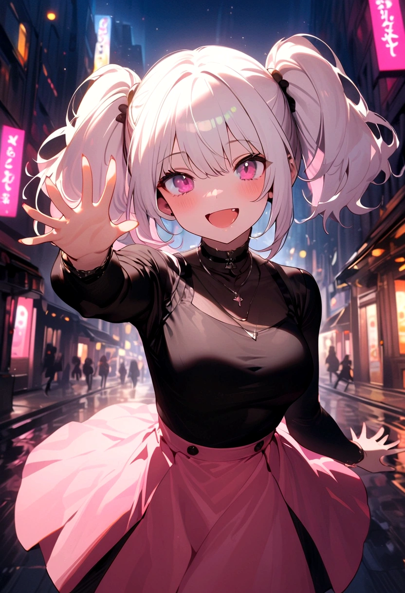 1girl, white hair, short twintails, extremely happy, cheerful, pink eyes, wearing plain black shirt, pink skirt, black leggings, city, absurdres, high res, ultrasharp, 8K, masterpiece, looking at viewer, no hat, holding tall orange glowsticks in hands, waving hands