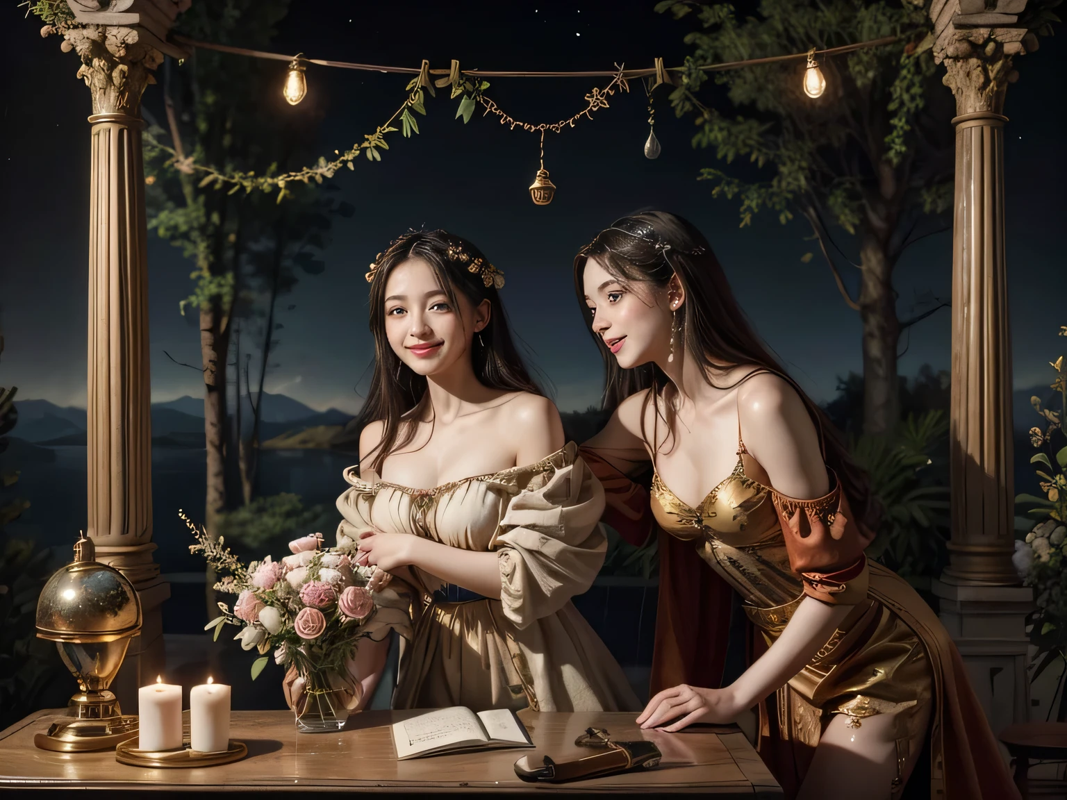 Giorgione painting style,Arguments of two female Philosophe,math、astronomical machine、astronaut、roses in vase、fruits、Cute trinkets、smile、ancient greek costume、Background is a forest lake at night 、Clothes that stretch your shoulders、A big smile、beautiful bare skin、A detailed representation of the seducing woman throughout her body.