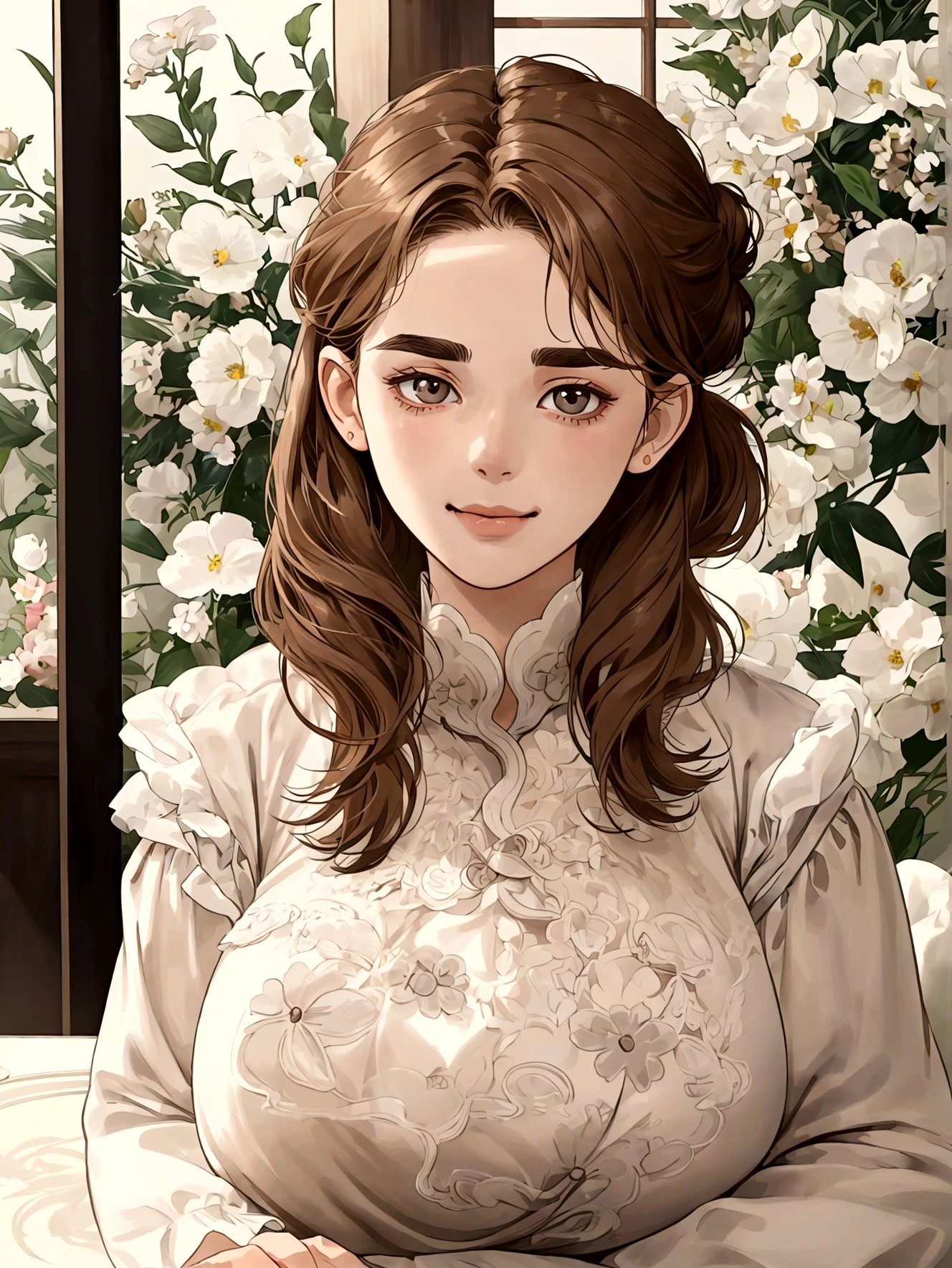 (table top, digital art, digital illustration, 4k, 8k, super detailed, beautiful images, clear image, realistic, RAW photo, perfect face, perfect lines, perfect eyes, soft lighting) 1 female, (light brown hair,chignon hair,innocent look,lowered eyebrows、droopy eyes,With a round face,round chin、innocence,cute,Big eyes,natural makeup,smile gently,E cup,23 years old:1.3),Two handsome men in suits, (human,man wearing a suit,muscular,solid shoulder width,  mannish hairstyle,A man in his 30s with a cool expression,28 year old man with a bright smile:1.2),flower shop,At the flower shop,flower cottage,colorful flowers,lots of flowers、skinny denim,white shirt,embarrassed、A flower shop filled with light,store number