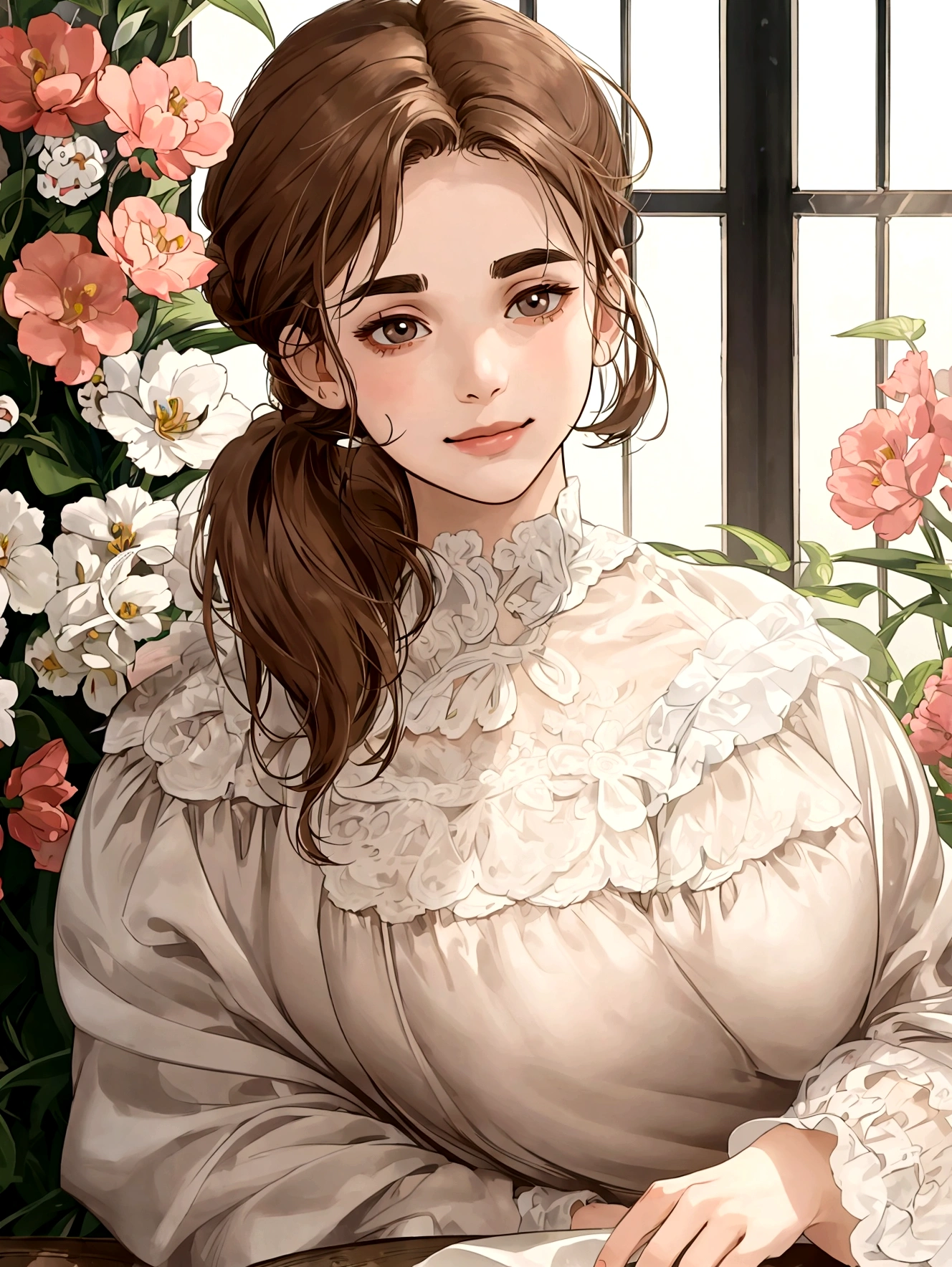 (table top, digital art, digital illustration, 4k, 8k, super detailed, beautiful images, clear image, realistic, RAW photo, perfect face, perfect lines, perfect eyes, soft lighting) 1 female, (light brown hair,chignon hair,innocent look,lowered eyebrows、droopy eyes,With a round face,round chin、innocence,cute,Big eyes,natural makeup,smile gently,E cup,23 years old:1.3),Two handsome men in suits, (human,man wearing a suit,muscular,solid shoulder width, mannish hairstyle,A man in his 30s with a cool expression,28 year old man with a bright smile:1.2),flower shop,At the flower shop,flower cottage,colorful flowers,lots of flowers、skinny denim,white shirt,embarrassed、A flower shop filled with light,store number