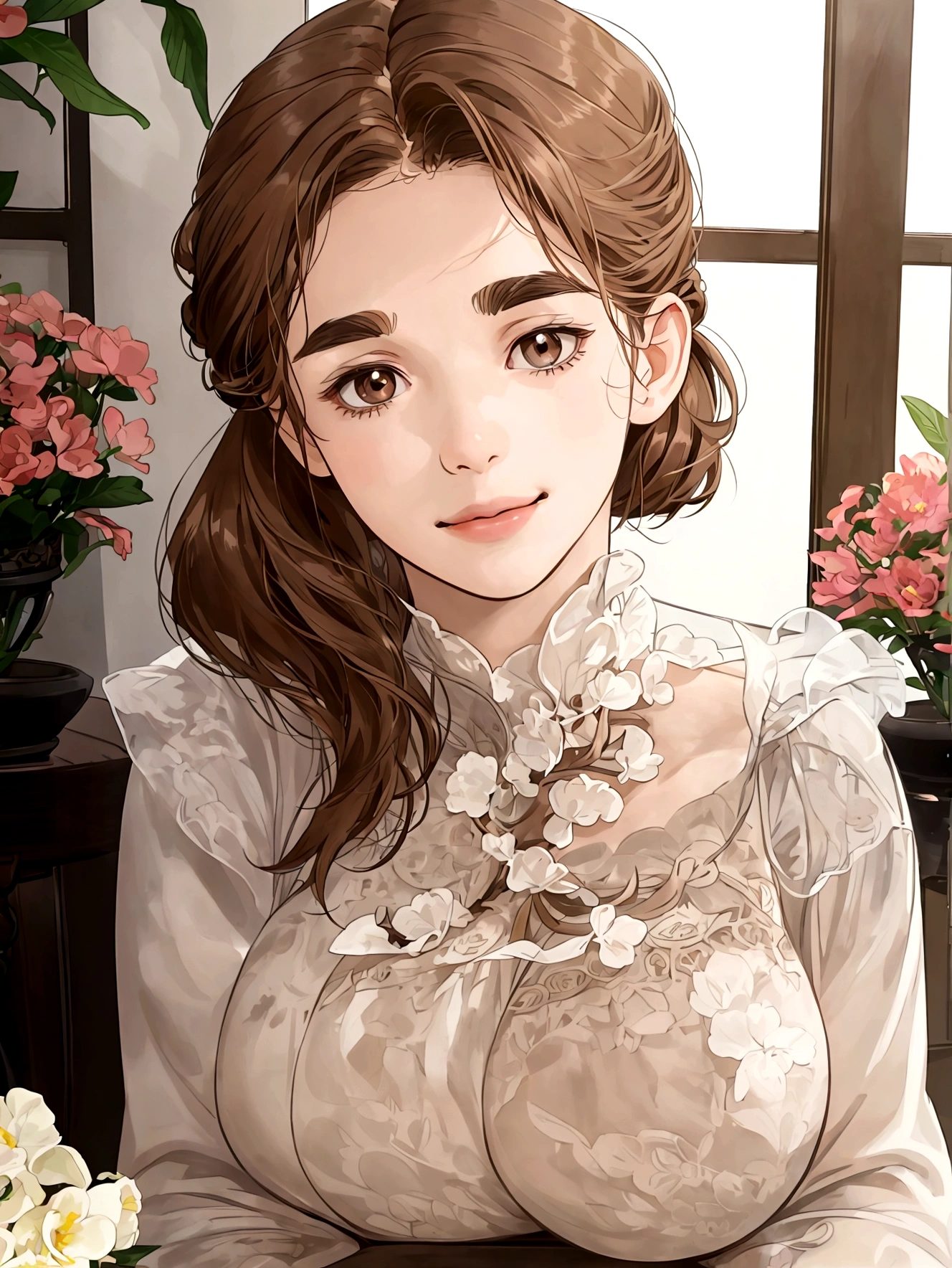 (table top, digital art, digital illustration, 4k, 8k, super detailed, beautiful images, clear image, realistic, RAW photo, perfect face, perfect lines, perfect eyes, soft lighting) 1 female, (light brown hair,chignon hair,innocent look,lowered eyebrows、droopy eyes,With a round face,round chin、innocence,cute,Big eyes,natural makeup,smile gently,E cup,23 years old:1.3),Two handsome men in suits, (human,man wearing a suit,muscular,solid shoulder width, mannish hairstyle,A man in his 30s with a cool expression,28 year old man with a bright smile:1.2),flower shop,At the flower shop,flower cottage,colorful flowers,lots of flowers、skinny denim,white shirt,embarrassed、A flower shop filled with light,store number