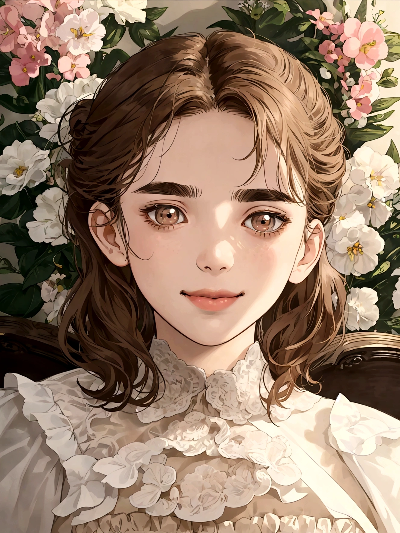 (table top, digital art, digital illustration, 4k, 8k, super detailed, beautiful images, clear image, realistic, RAW photo, perfect face, perfect lines, perfect eyes, soft lighting) 1 female, (light brown hair,chignon hair,innocent look,lowered eyebrows、droopy eyes,With a round face,round chin、innocence,cute,Big eyes,natural makeup,smile gently,E cup,23 years old:1.3),Two handsome men in suits, (human,man wearing a suit,muscular,solid shoulder width, mannish hairstyle,A man in his 30s with a cool expression,28 year old man with a bright smile:1.2),flower shop,At the flower shop,flower cottage,colorful flowers,lots of flowers、skinny denim,white shirt,embarrassed、A flower shop filled with light,store number