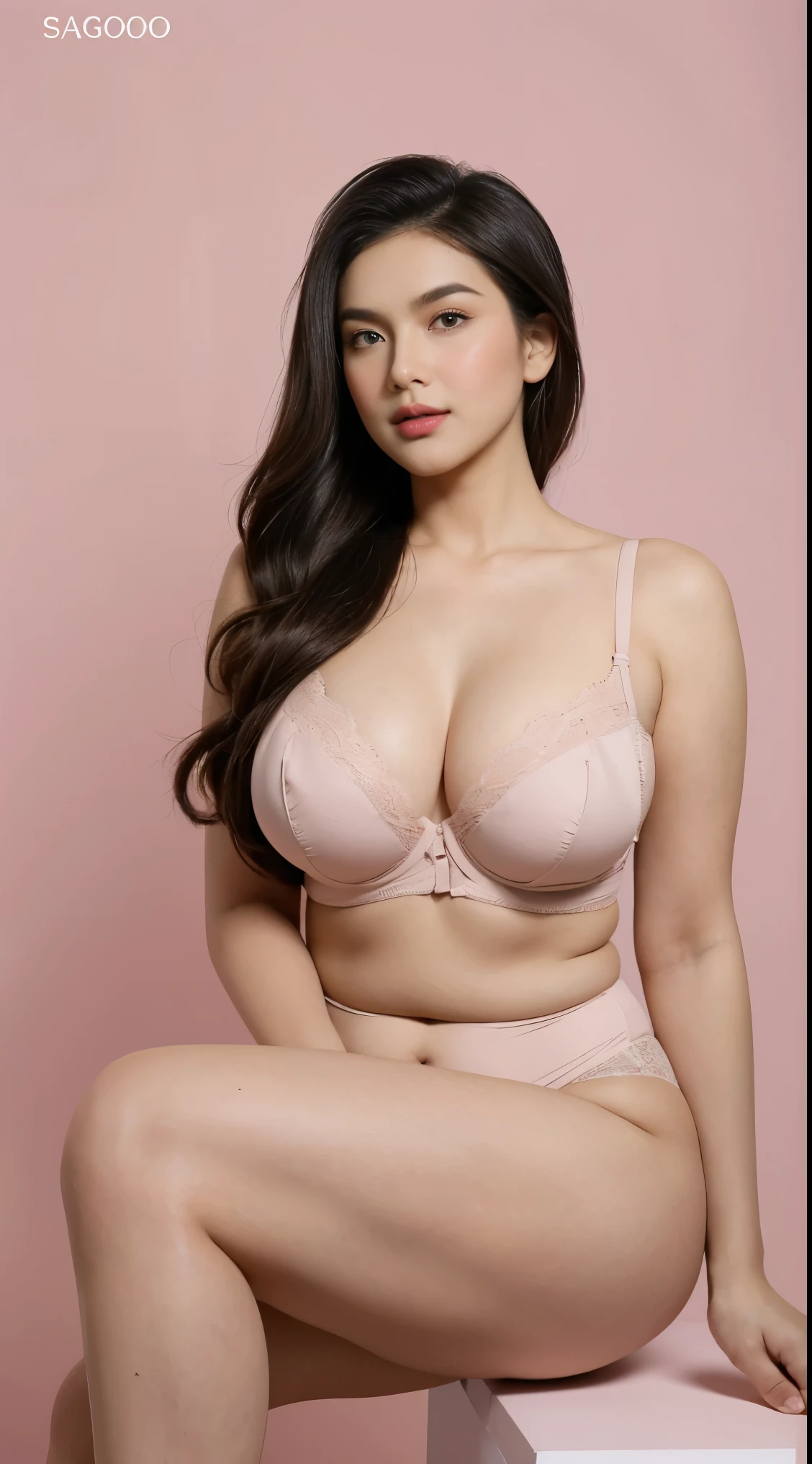 Vogue style side view photo shoot of malay 20years old young woman wear lace pink ((bra and panties) and panties with pastel colored background in Wes Anderson style, detail skin texture, detailed face, saggy breast, dark , camel toe, heavy big breast, big round ass, wide hips, thick thighs, beer belly, curvy, view from side, hyper - realistic photography, Wes Anderson style, full body, 8k, close - up shot, extreme close - up photo, ((looking at viewer)), wavy black hair