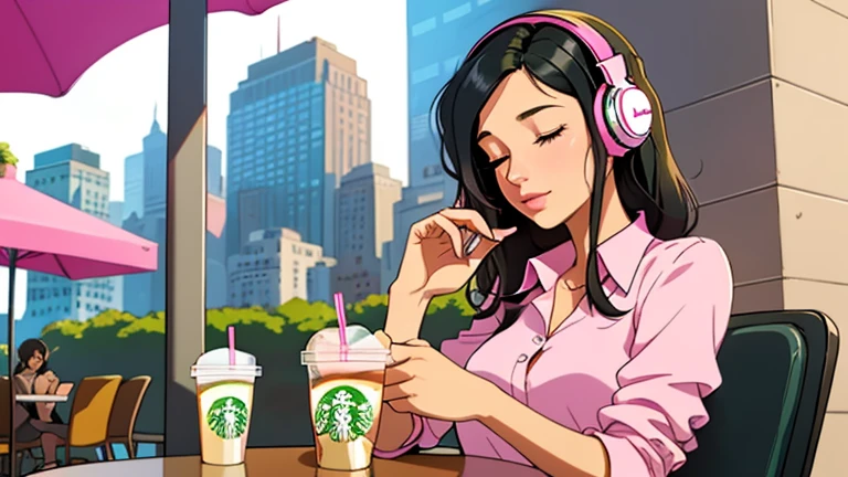 Beautiful woman in her 30s with black hair is sitting with headphones on the cafe terrace. Looking down, eyes closed, LOFI girl, alone in the room, pink blouse, relaxing mood, cozy, only five fingers, new york, Starbucks, colorful